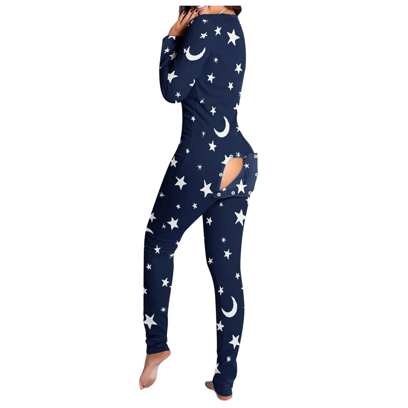 Onesies Print Jumpsuit Women Casual Long Sleeve Button-down Front Functional Buttoned Flap Adults Playsuit Pajamas