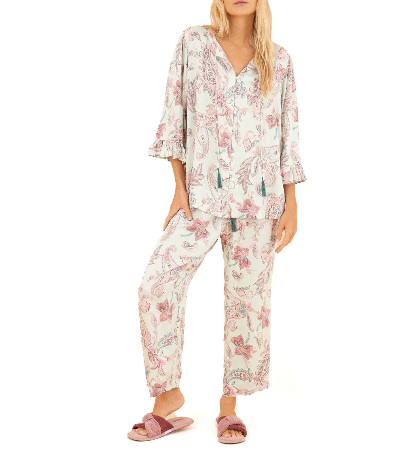 Paisley Pajamas Short Sleeve Ruffle Capri Pants