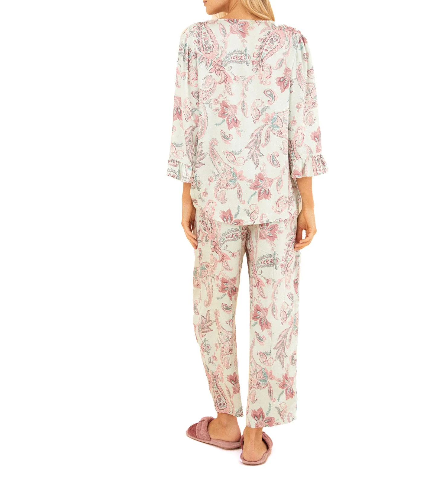 Paisley Pajamas Short Sleeve Ruffle Capri Pants