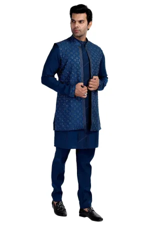 PERSIAN BLUE KURTA PYJAMA SET WITH NEHRU JACKET