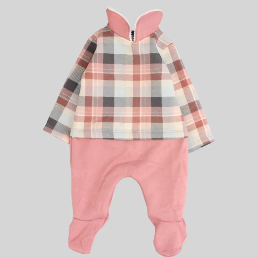 Pink Checkered Long-Sleeved Baby Footie