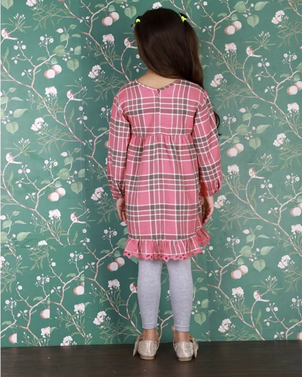 Pink Plaid Girls Flannel Dress with Grey Leggings