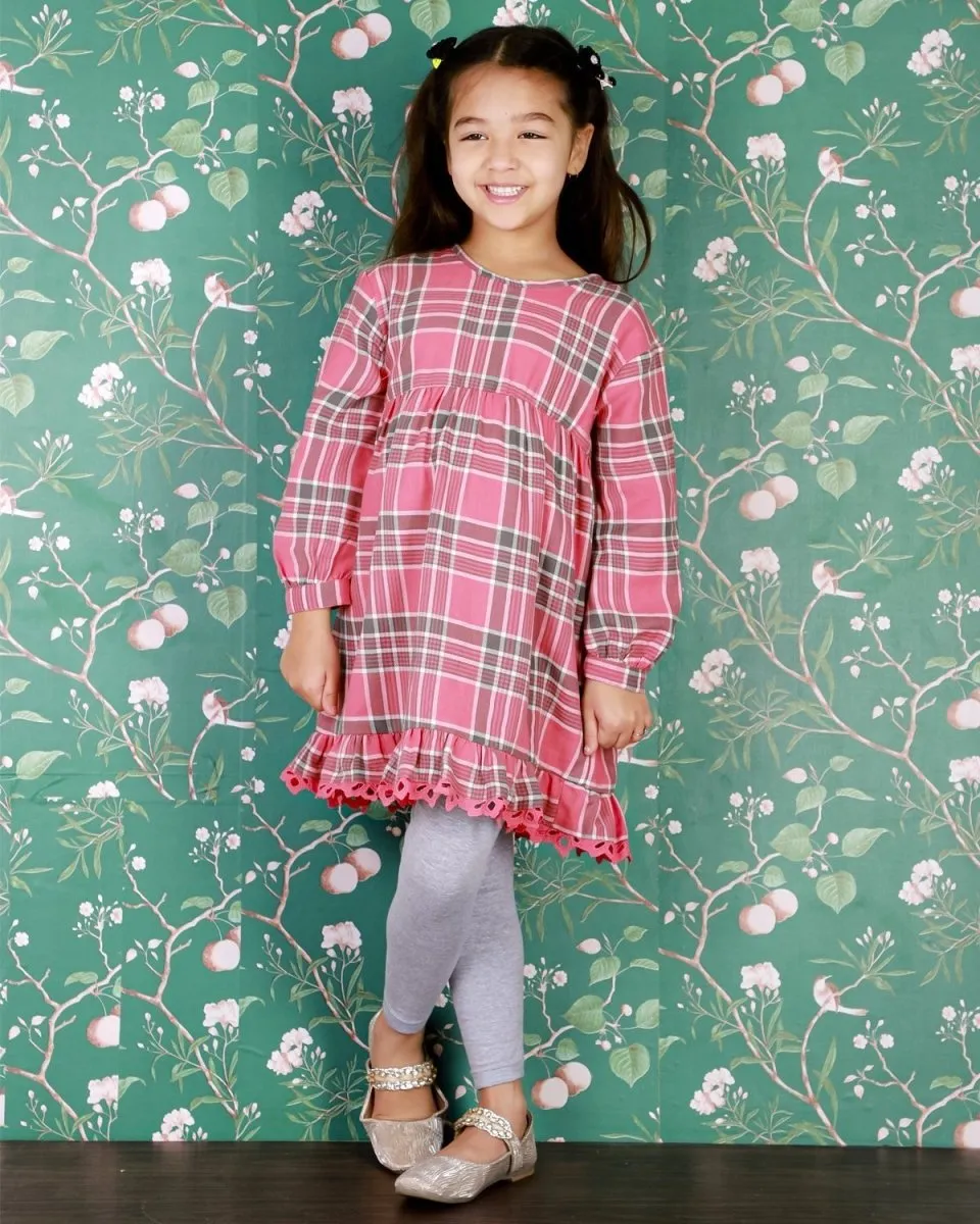 Pink Plaid Girls Flannel Dress with Grey Leggings