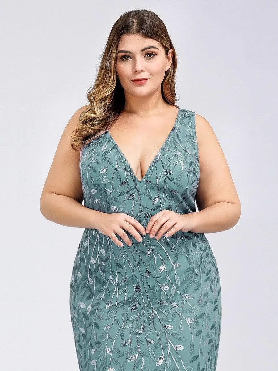 Plus Size Double V-Neck Fishtail Sequin Maxi Evening Dress