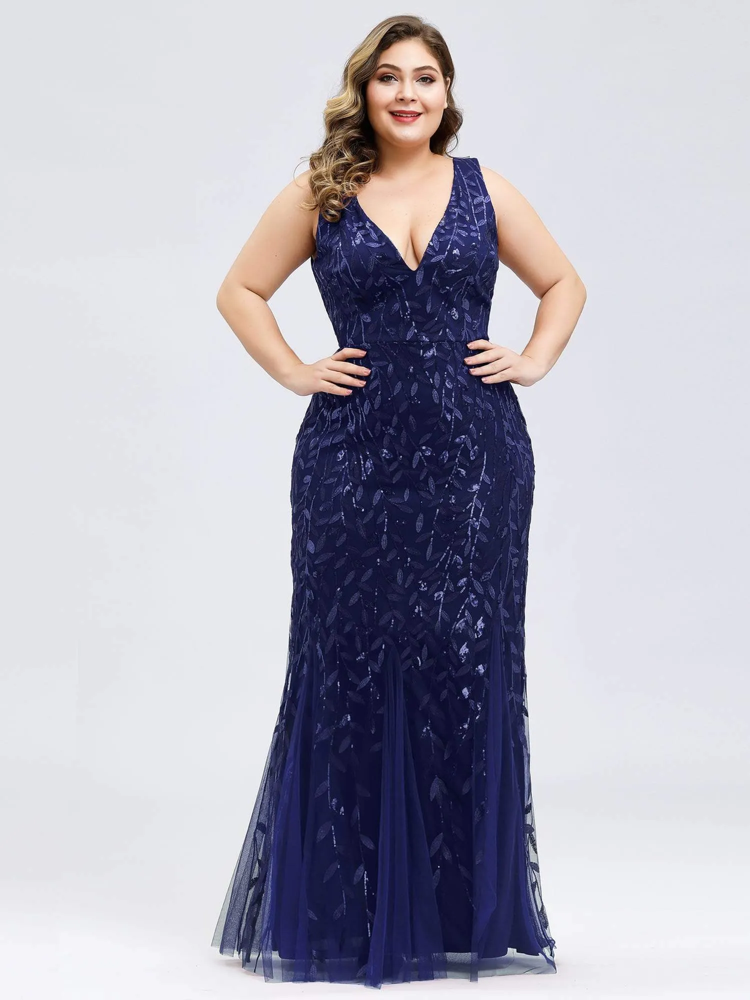 Plus Size Double V-Neck Fishtail Sequin Maxi Evening Dress