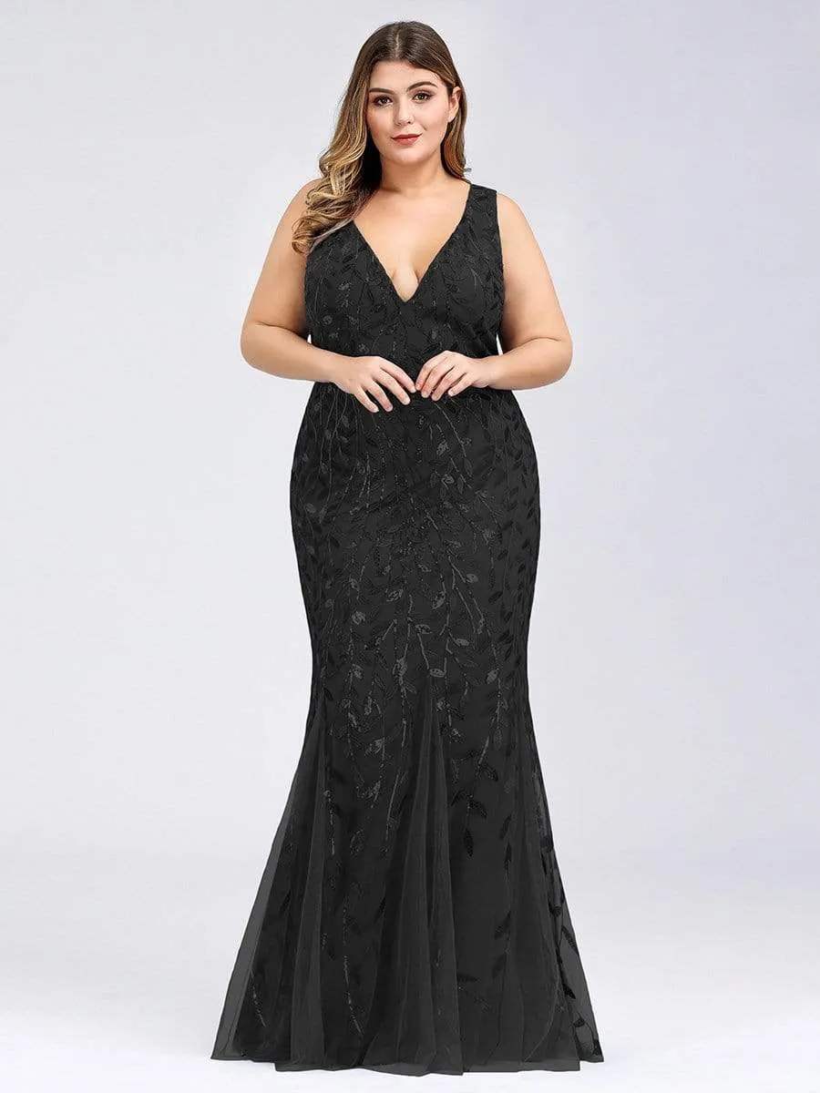 Plus Size Double V-Neck Fishtail Sequin Maxi Evening Dress