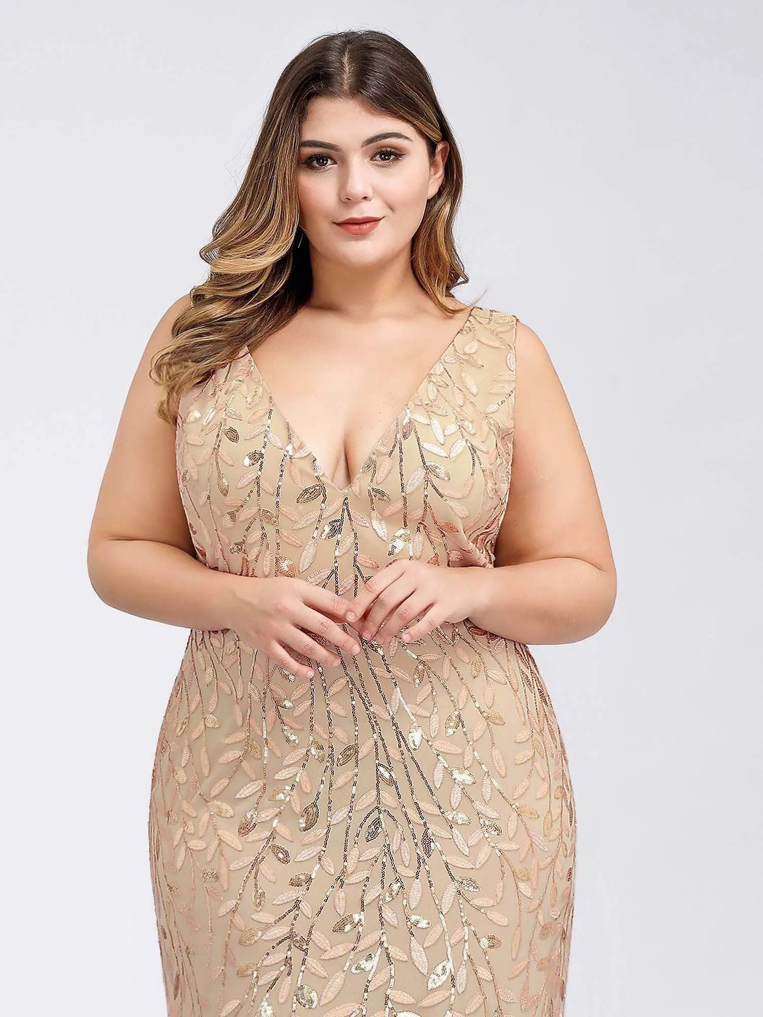 Plus Size Double V-Neck Fishtail Sequin Maxi Evening Dress