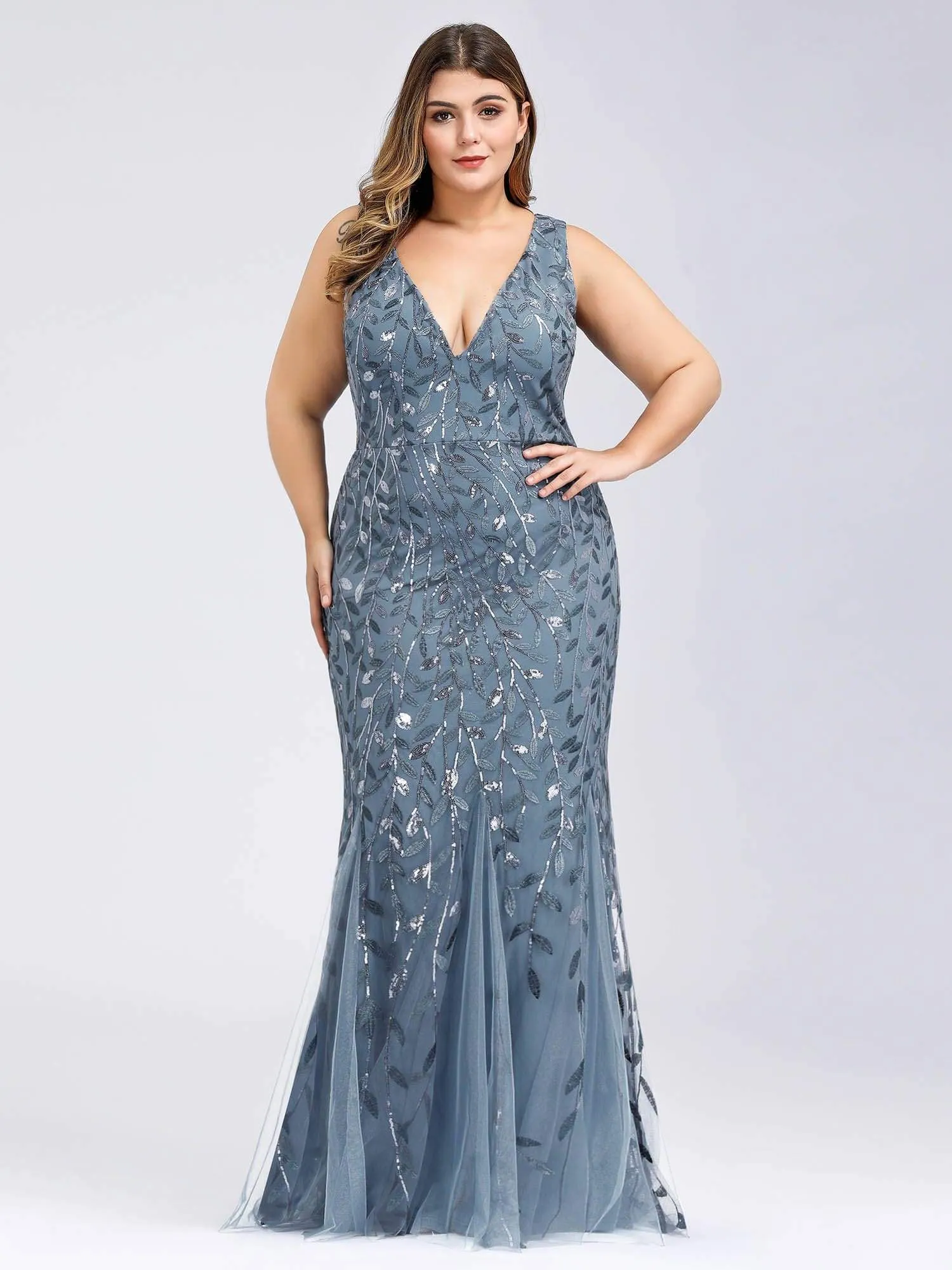 Plus Size Double V-Neck Fishtail Sequin Maxi Evening Dress