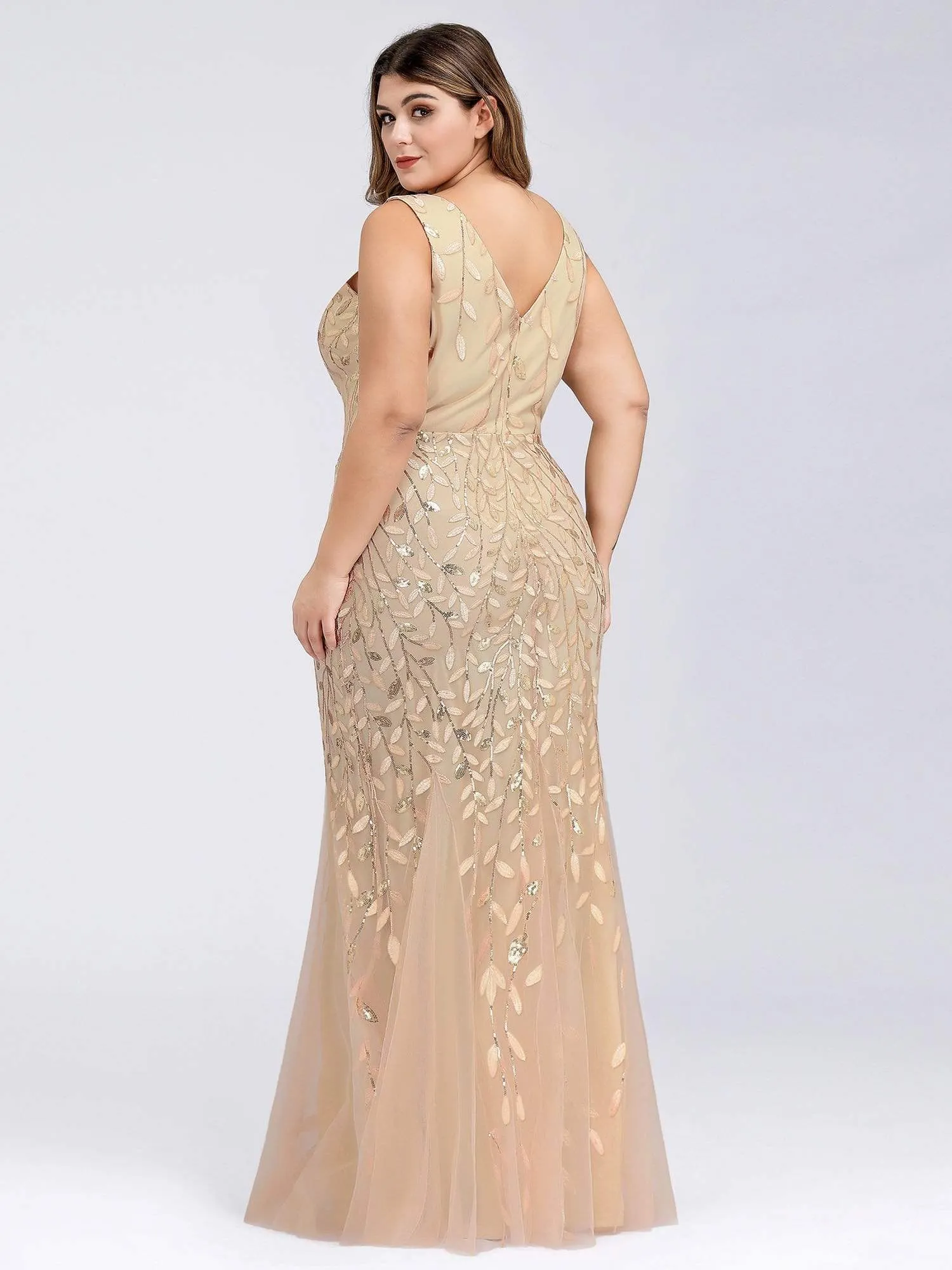 Plus Size Double V-Neck Fishtail Sequin Maxi Evening Dress