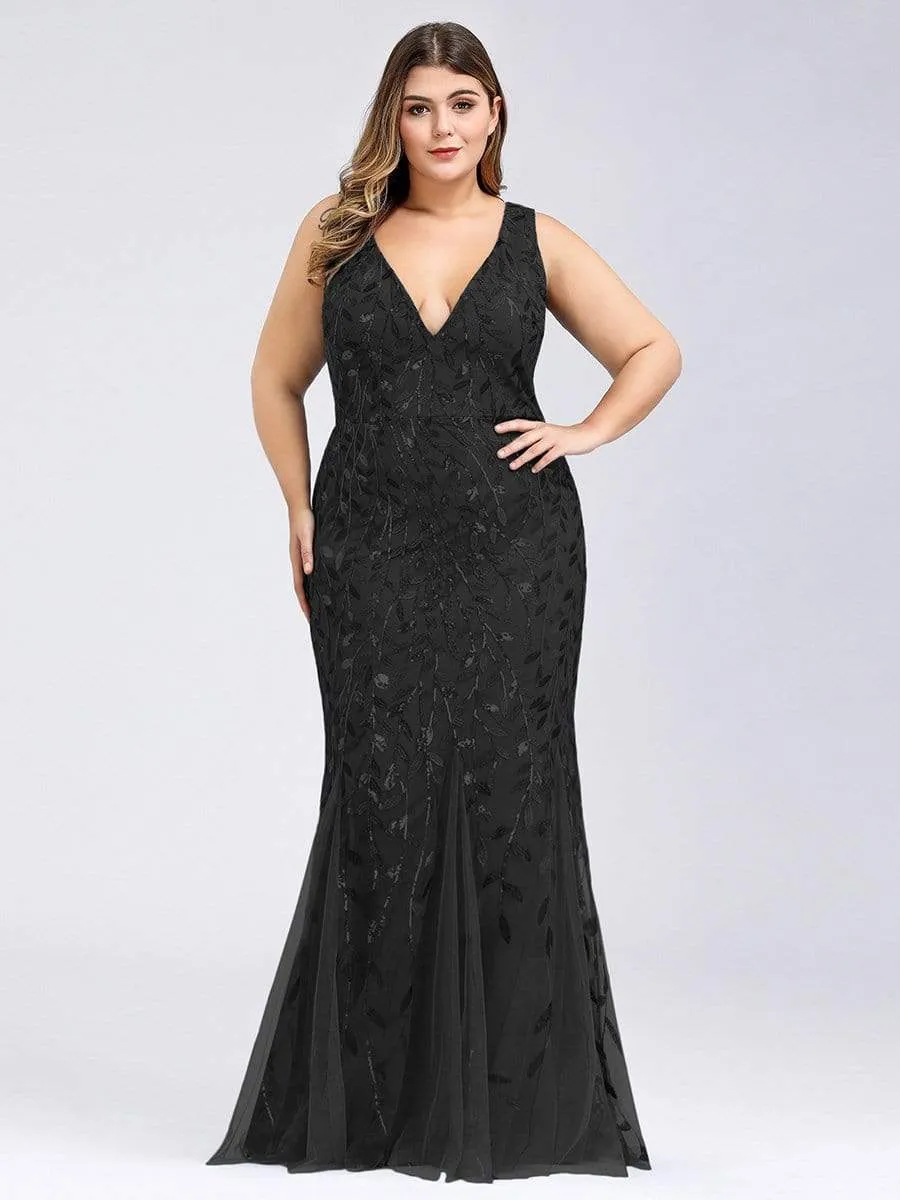 Plus Size Double V-Neck Fishtail Sequin Maxi Evening Dress