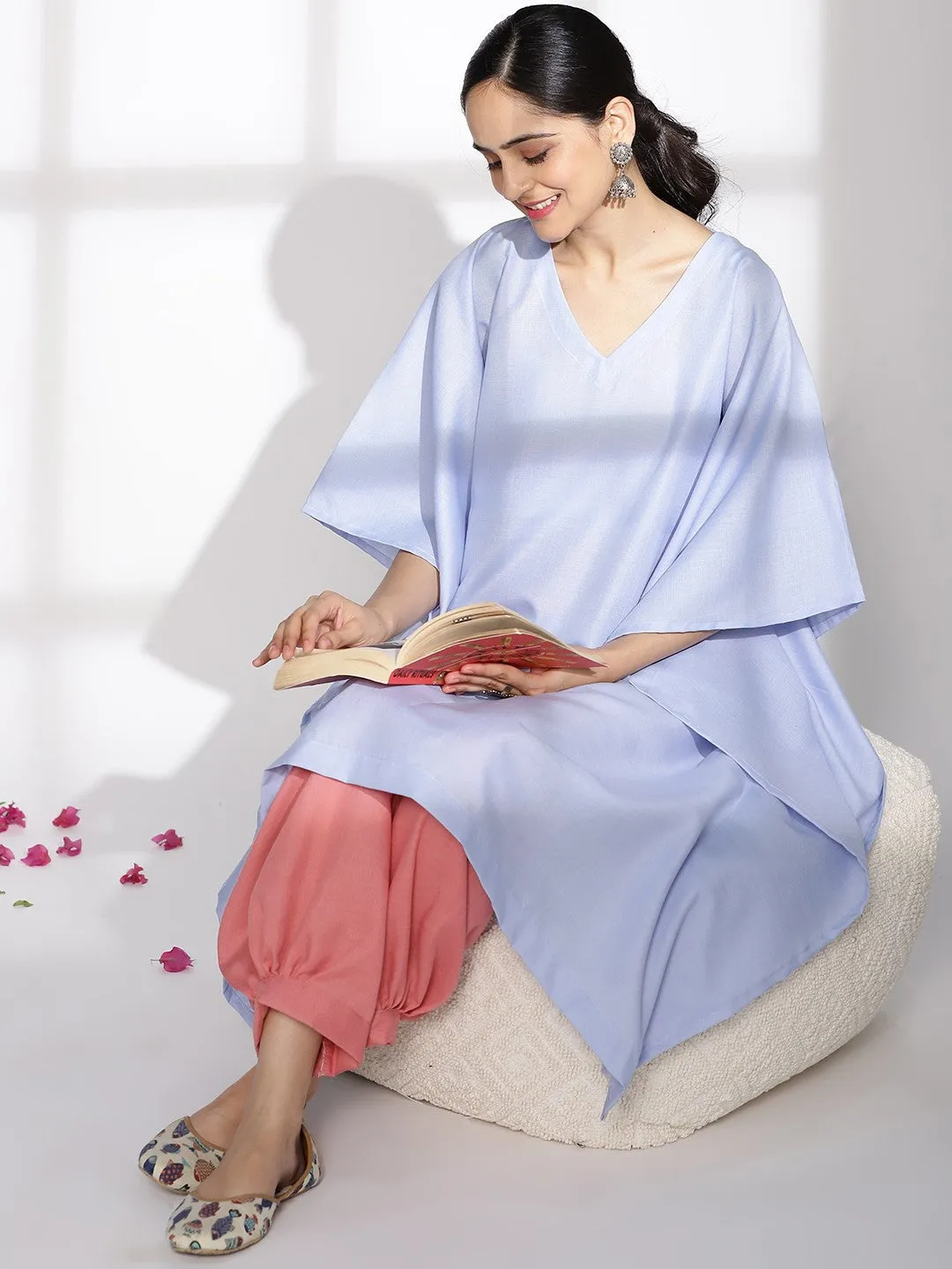 PowderBlue CottonSlub LongKaftan & Blush AfghaniSalwar