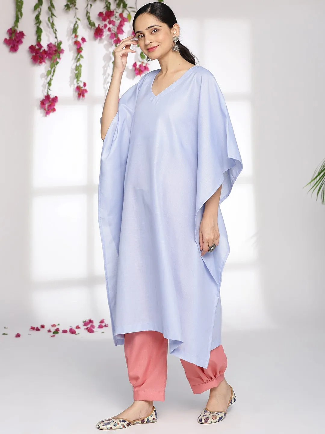 PowderBlue CottonSlub LongKaftan & Blush AfghaniSalwar