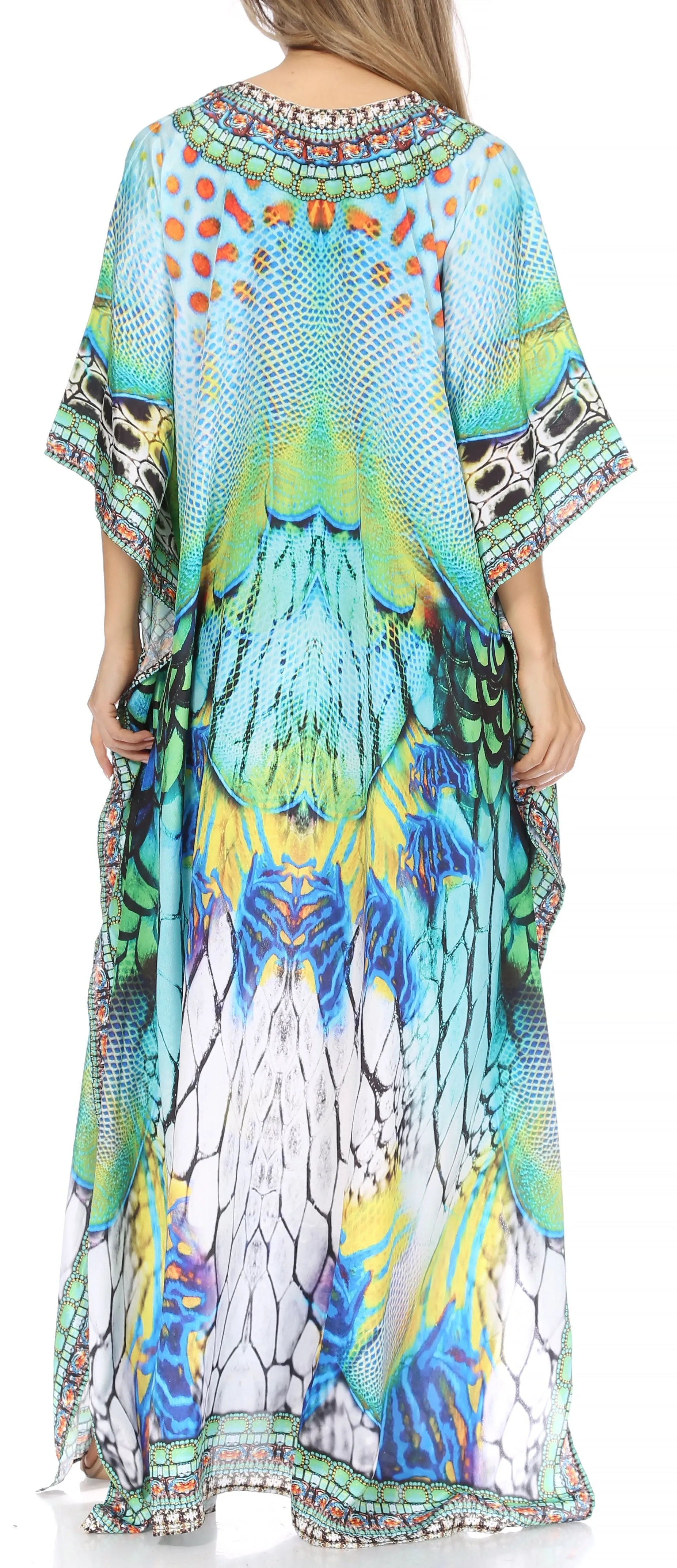 Sakkas Georgettina Flowy Rhinestone V Neck Long Caftan Dress/Cover Up