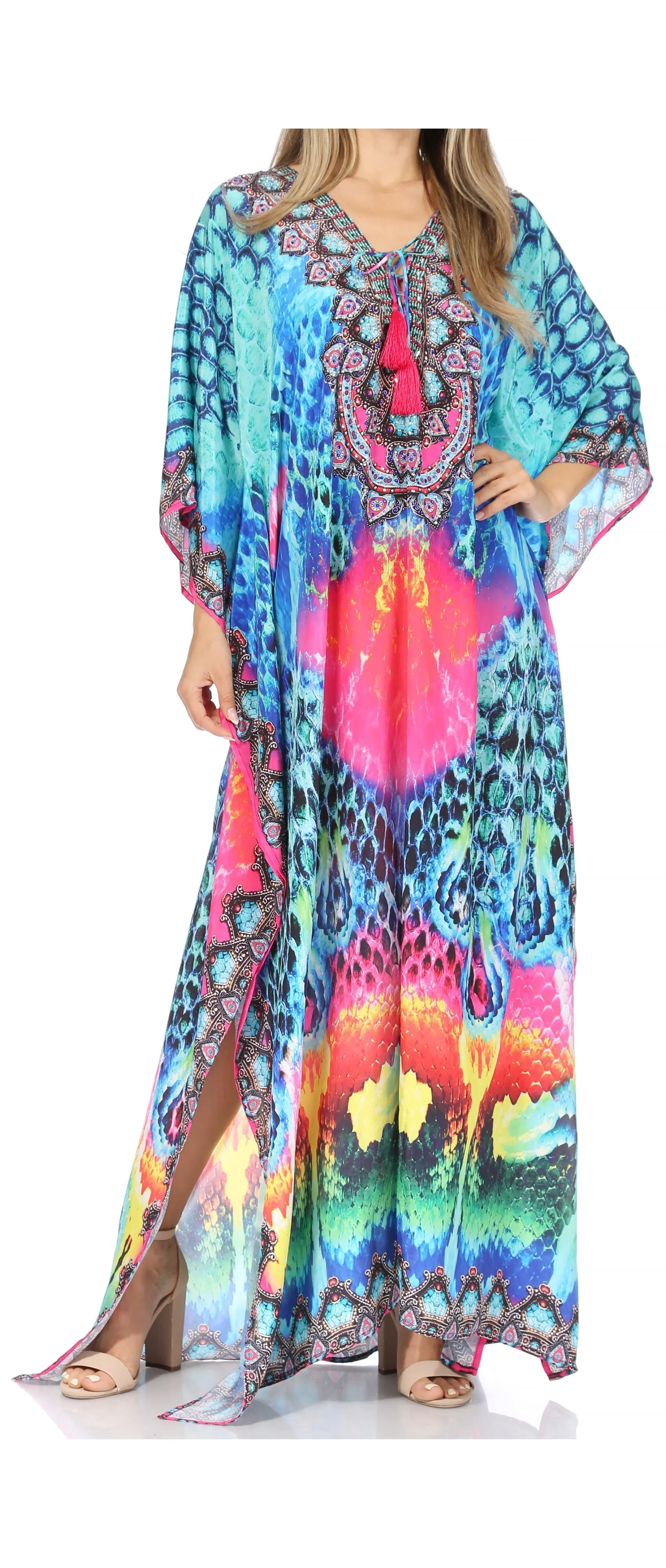 Sakkas Georgettina Flowy Rhinestone V Neck Long Caftan Dress/Cover Up