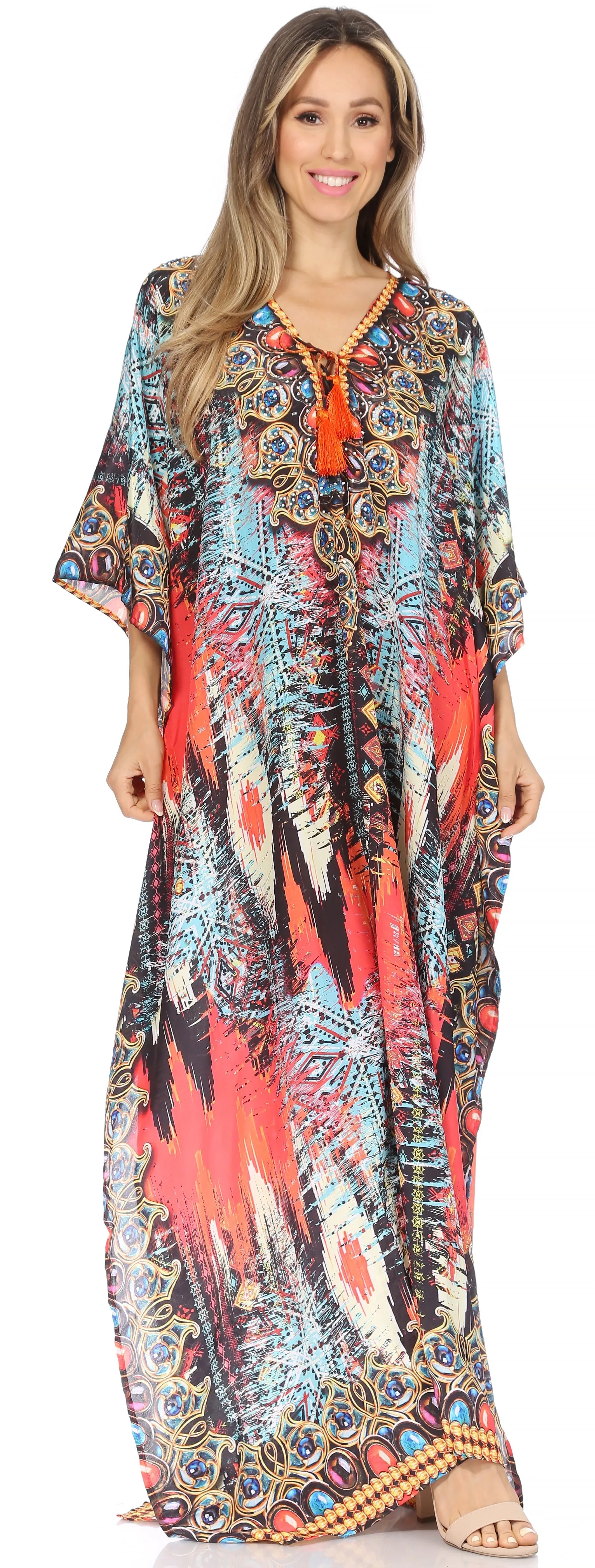 Sakkas Georgettina Flowy Rhinestone V Neck Long Caftan Dress/Cover Up