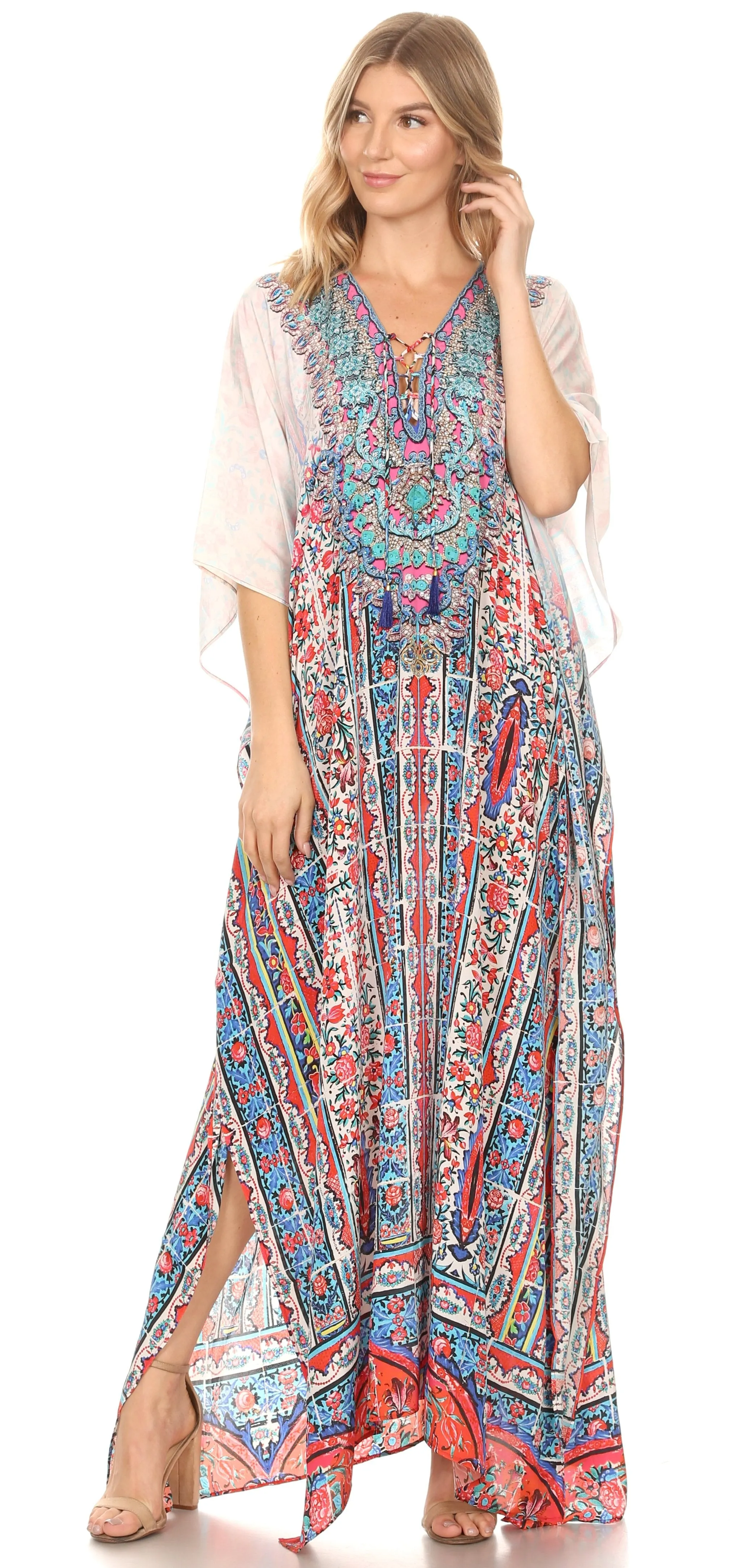 Sakkas Georgettina Flowy Rhinestone V Neck Long Caftan Dress/Cover Up