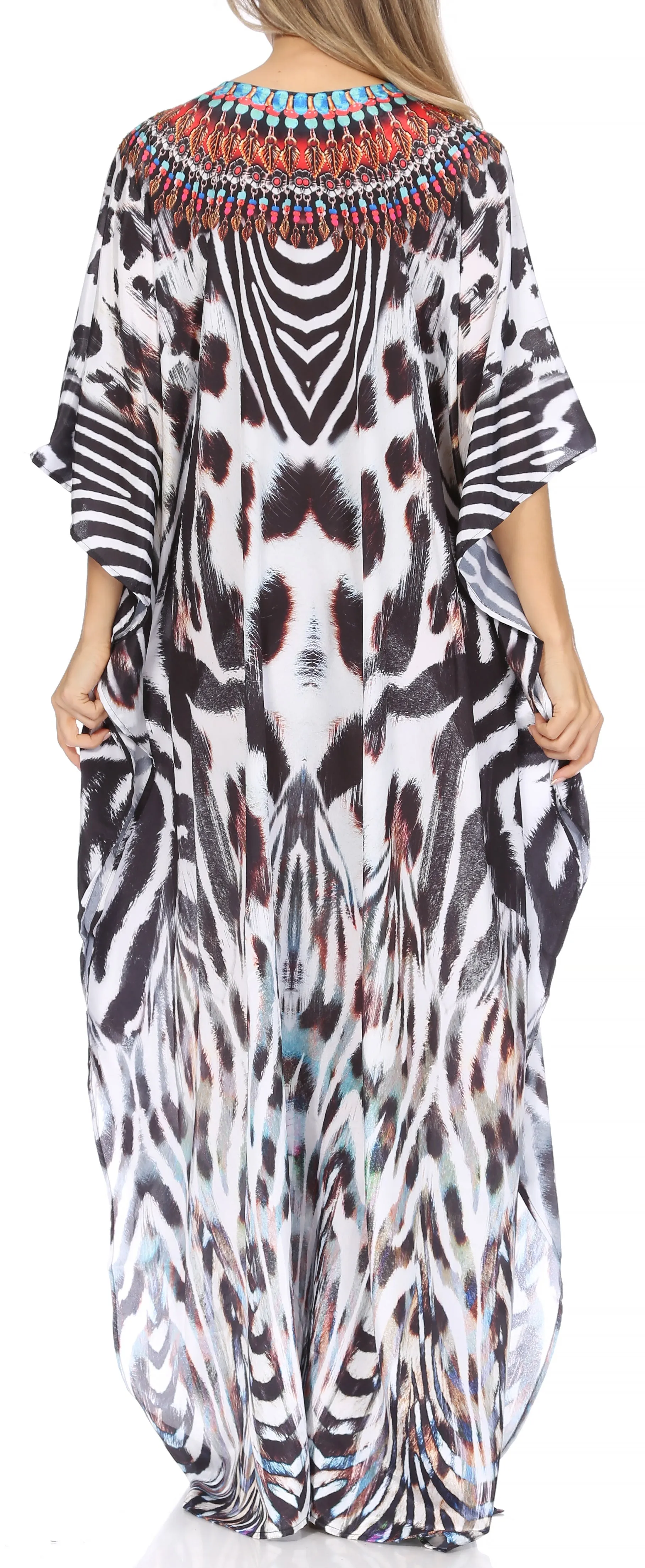 Sakkas Georgettina Flowy Rhinestone V Neck Long Caftan Dress/Cover Up