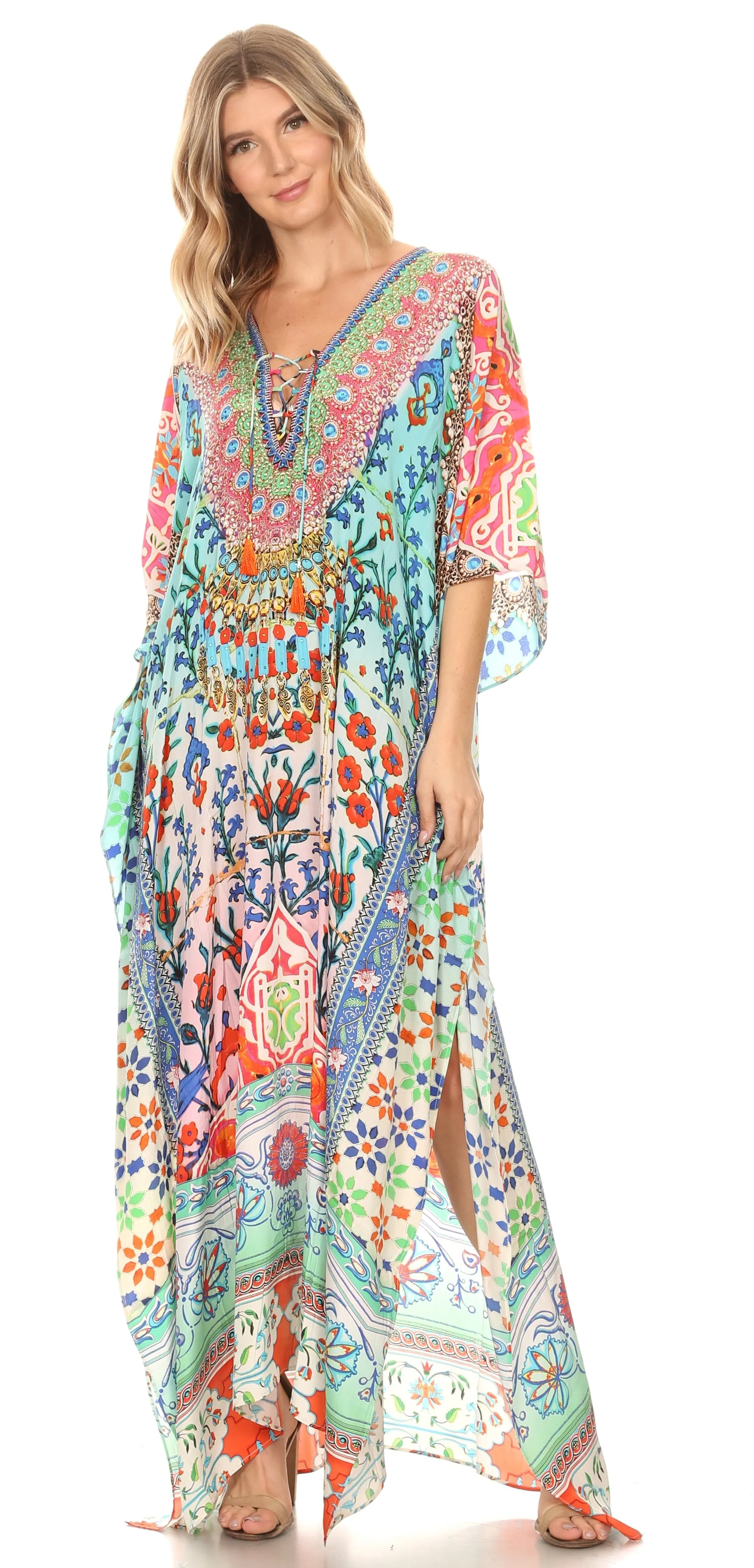 Sakkas Georgettina Flowy Rhinestone V Neck Long Caftan Dress/Cover Up