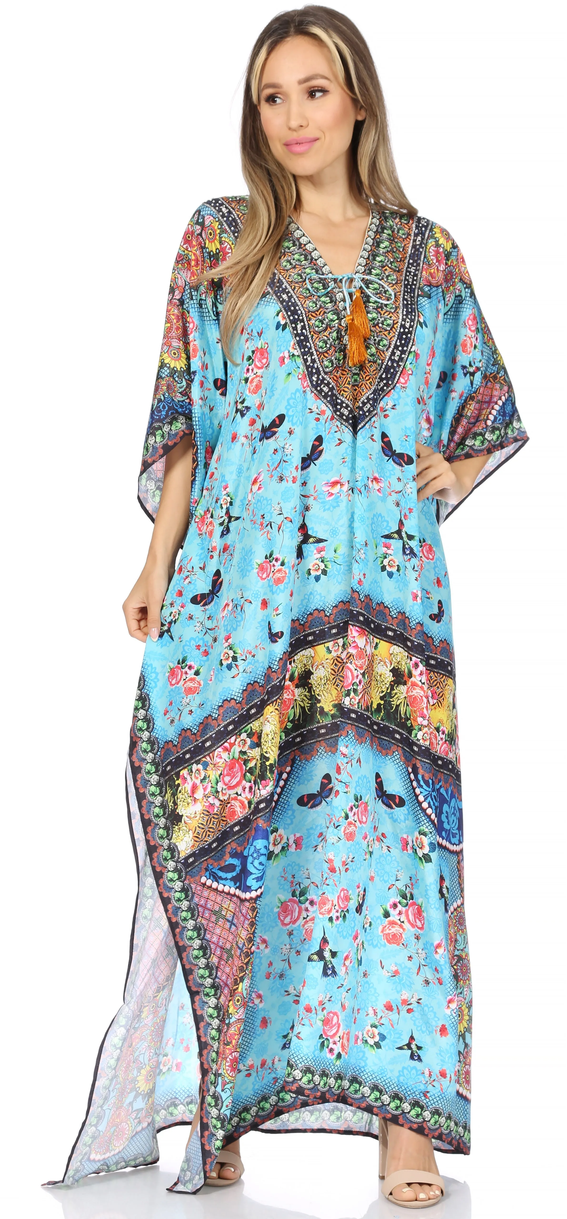 Sakkas Georgettina Flowy Rhinestone V Neck Long Caftan Dress/Cover Up