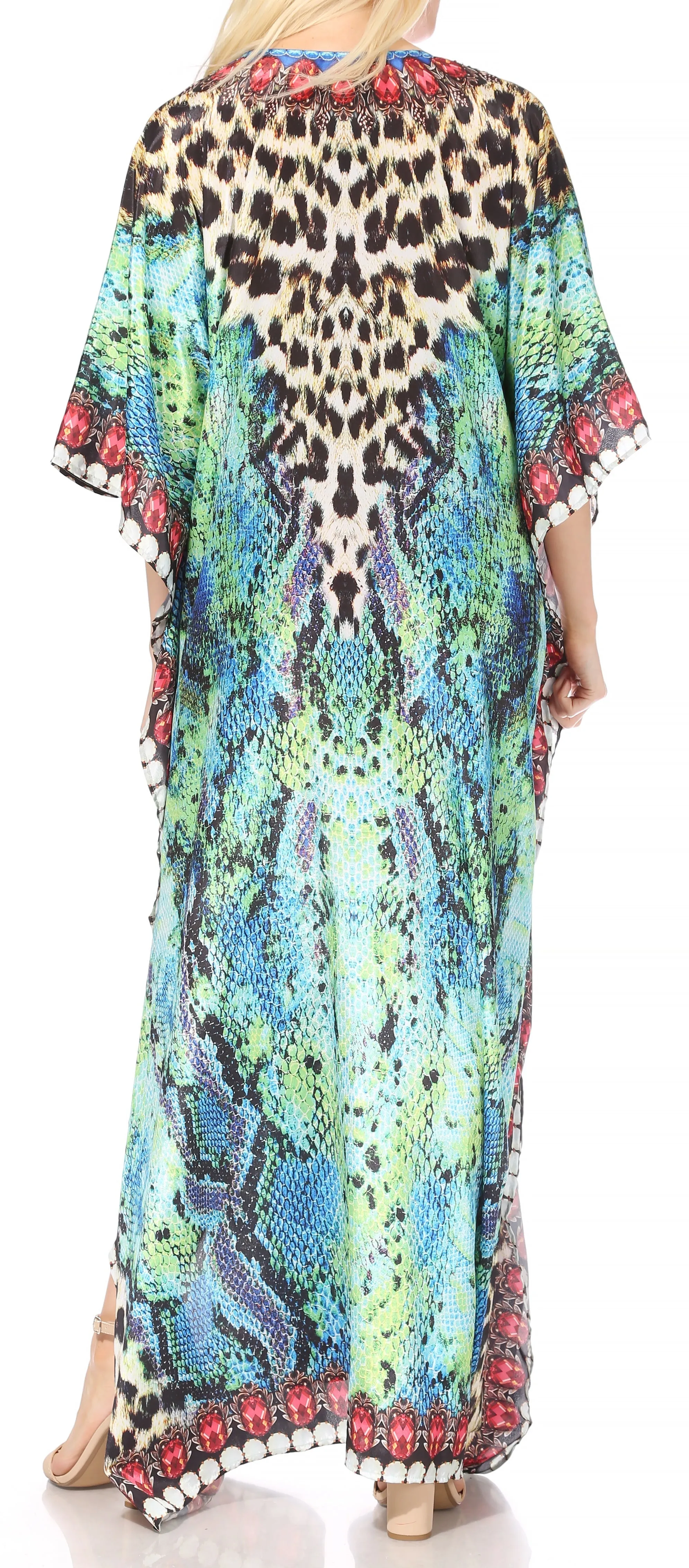 Sakkas Georgettina Flowy Rhinestone V Neck Long Caftan Dress/Cover Up