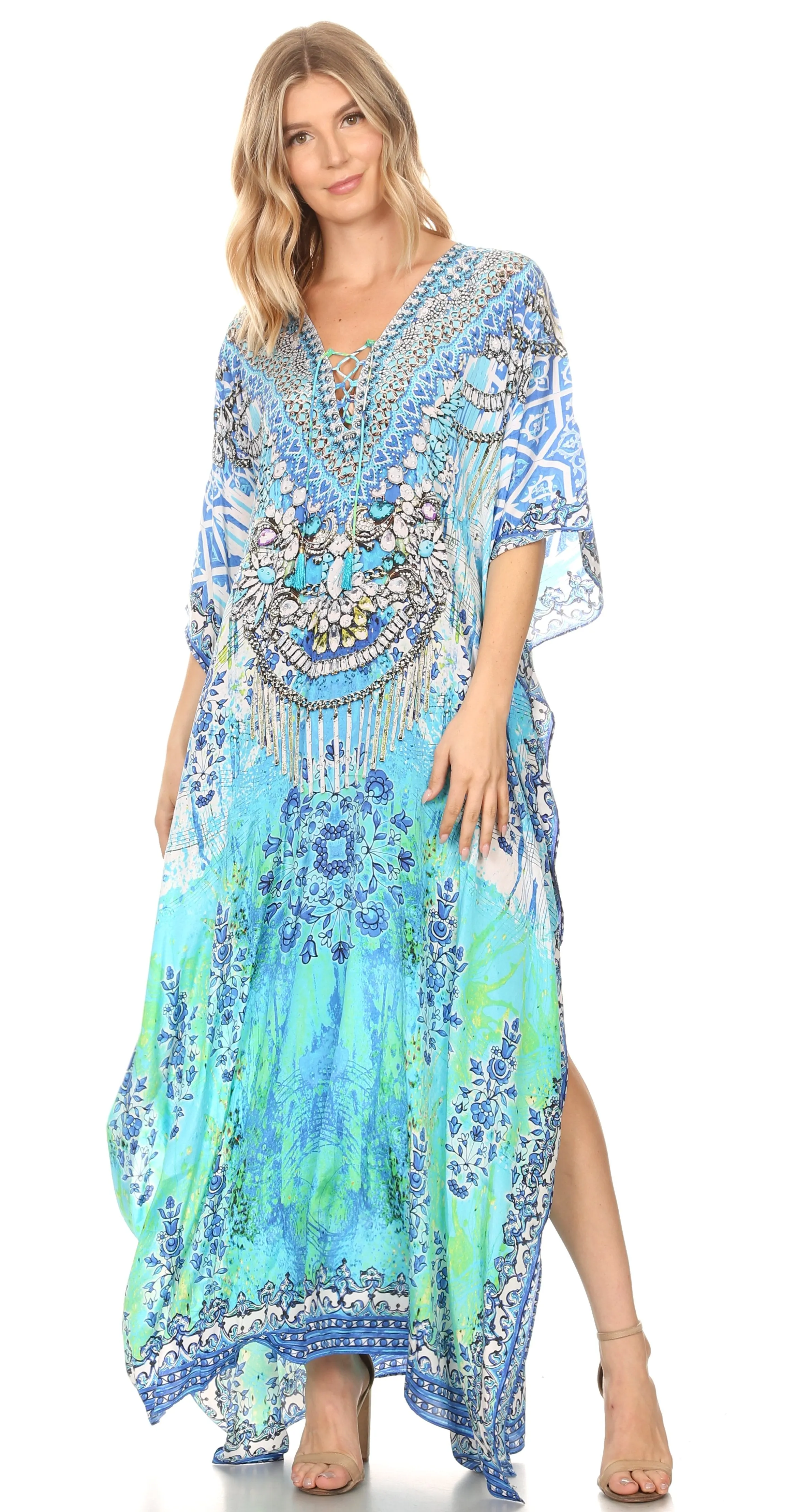 Sakkas Georgettina Flowy Rhinestone V Neck Long Caftan Dress/Cover Up