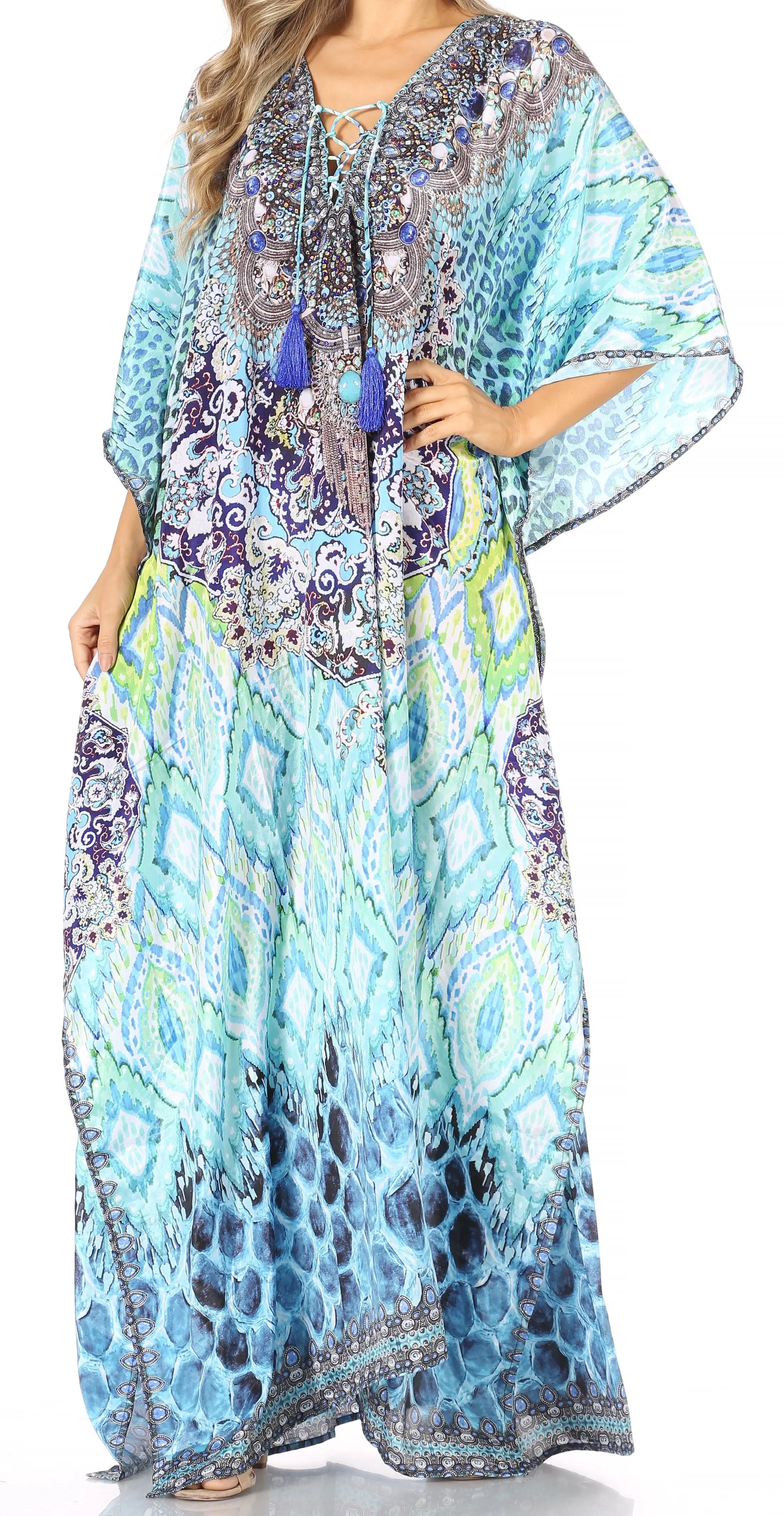 Sakkas Georgettina Flowy Rhinestone V Neck Long Caftan Dress/Cover Up