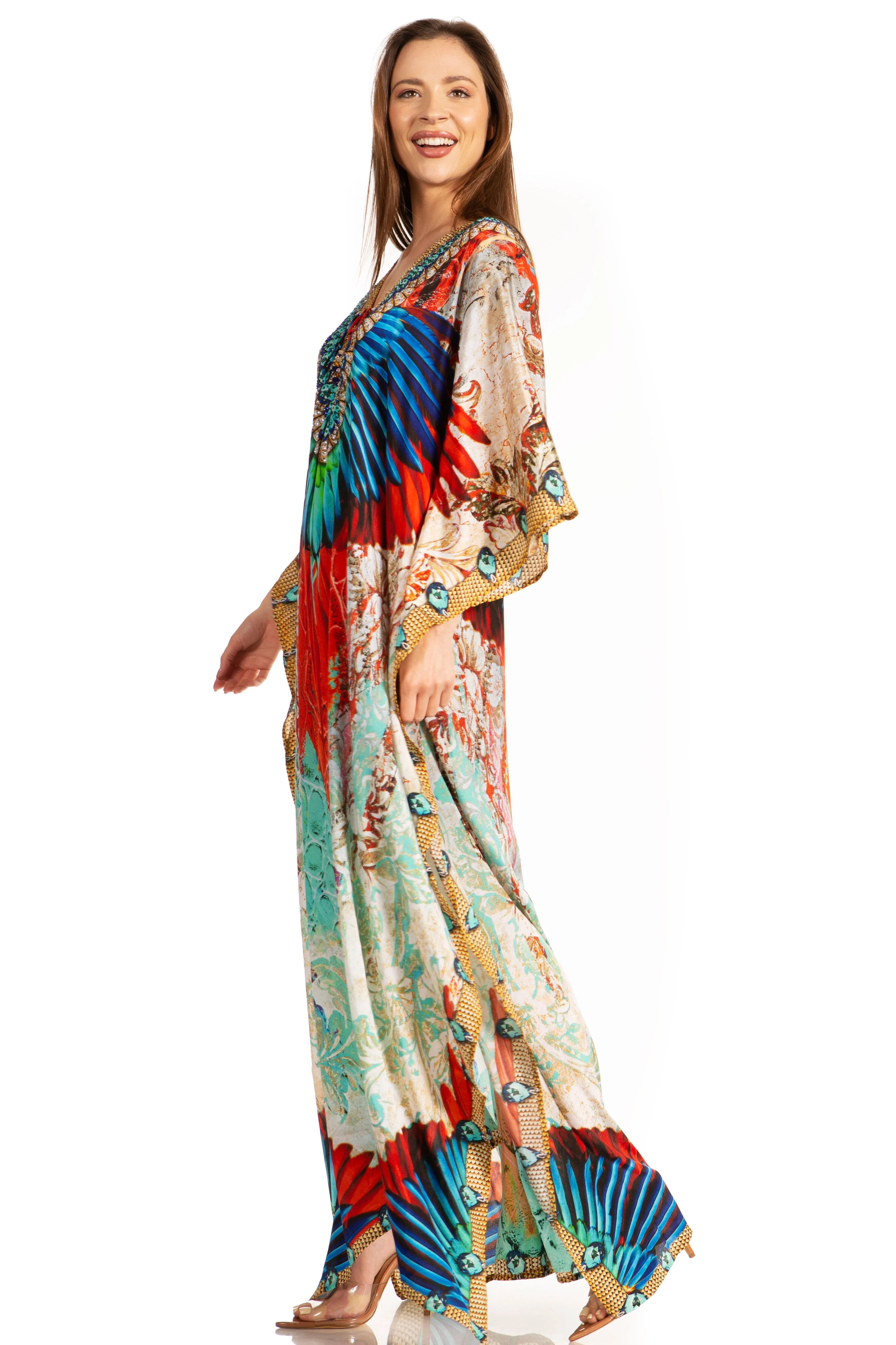 Sakkas Georgettina Flowy Rhinestone V Neck Long Caftan Dress/Cover Up