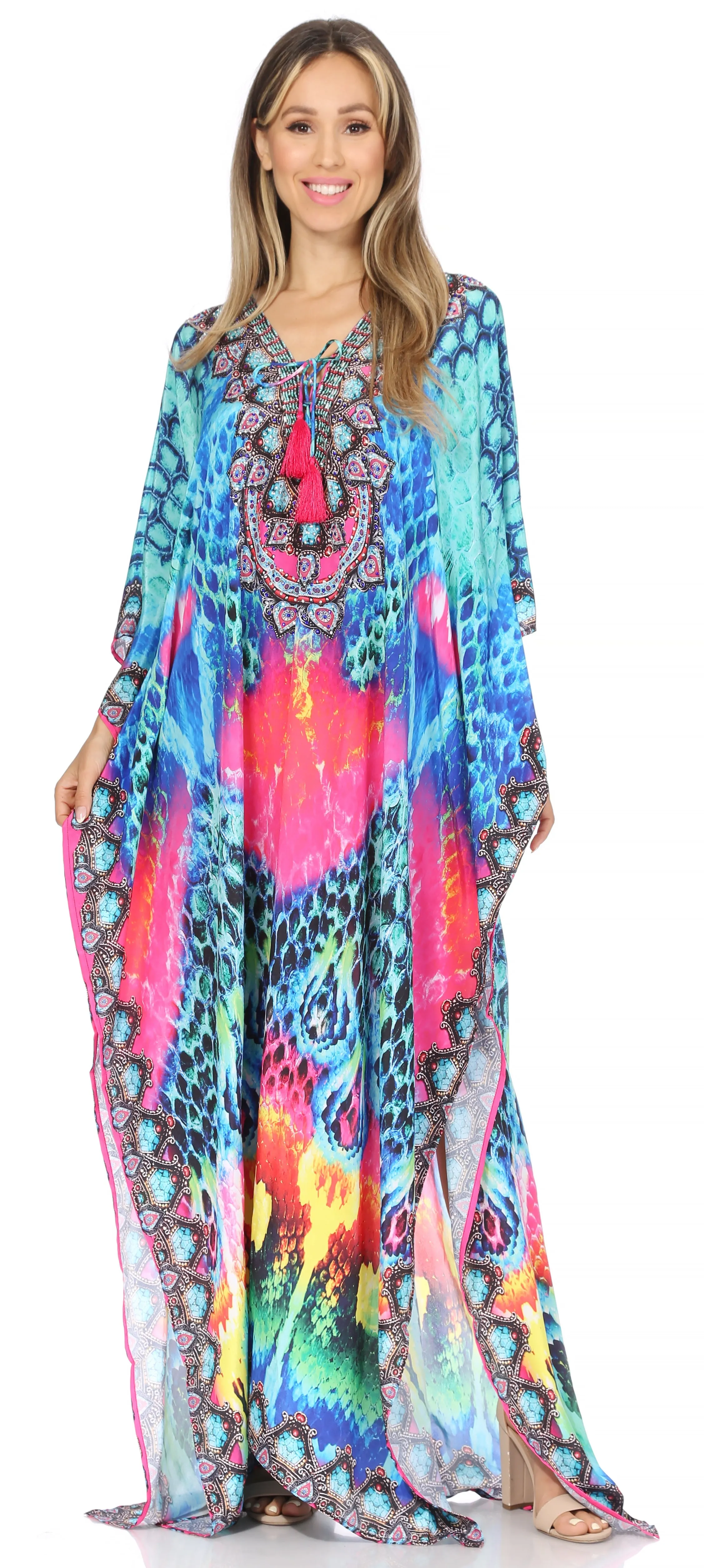 Sakkas Georgettina Flowy Rhinestone V Neck Long Caftan Dress/Cover Up