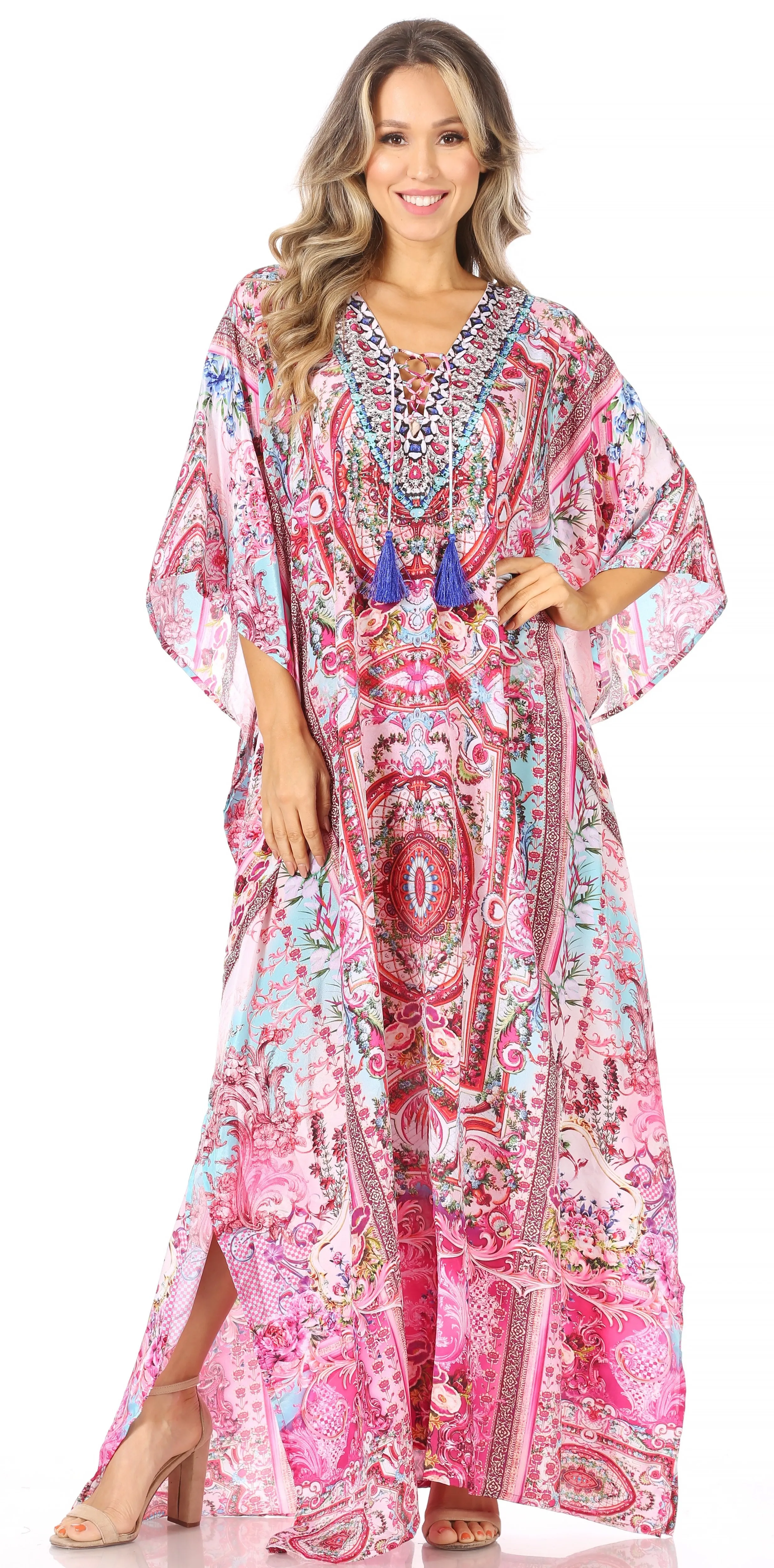 Sakkas Georgettina Flowy Rhinestone V Neck Long Caftan Dress/Cover Up