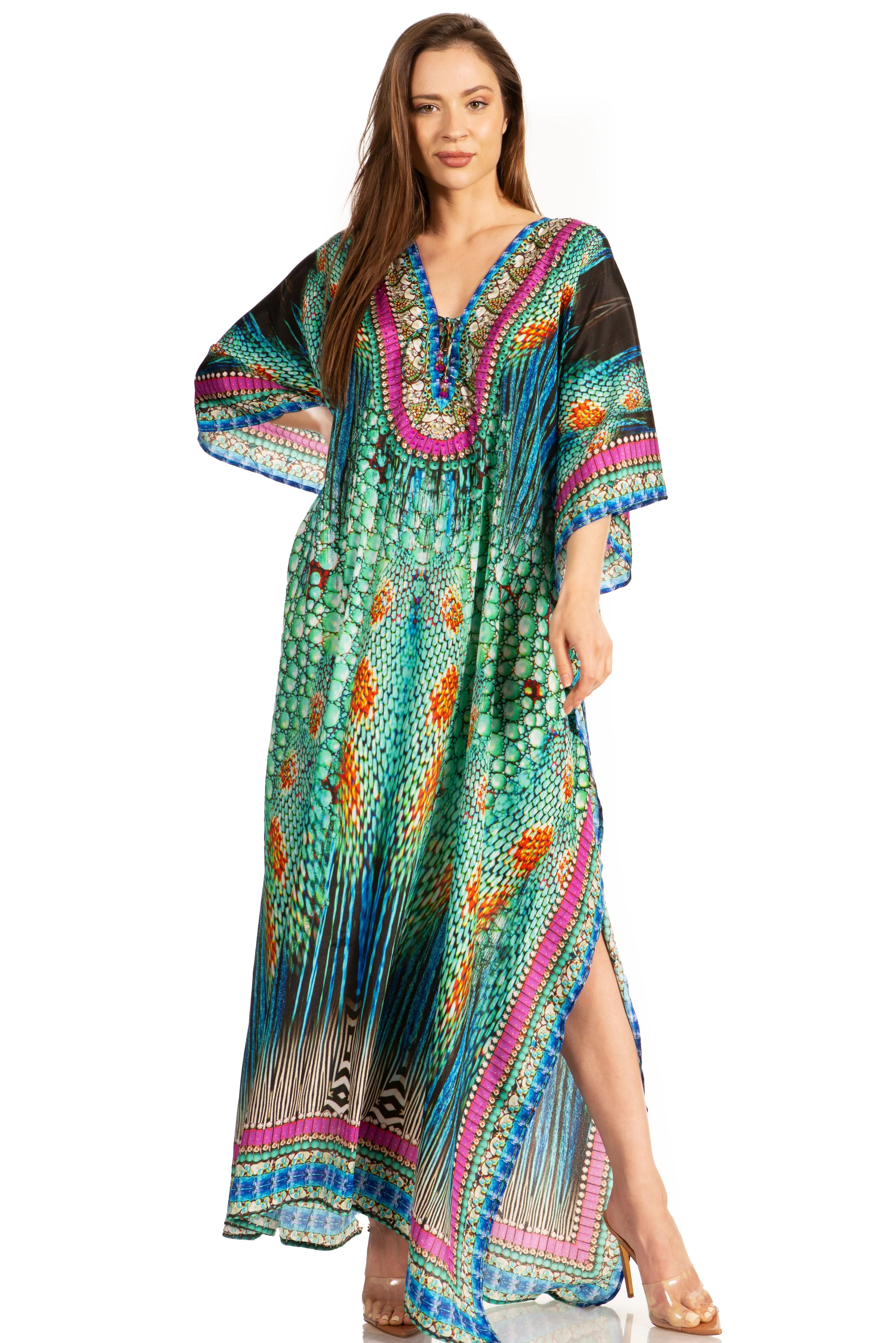 Sakkas Georgettina Flowy Rhinestone V Neck Long Caftan Dress/Cover Up