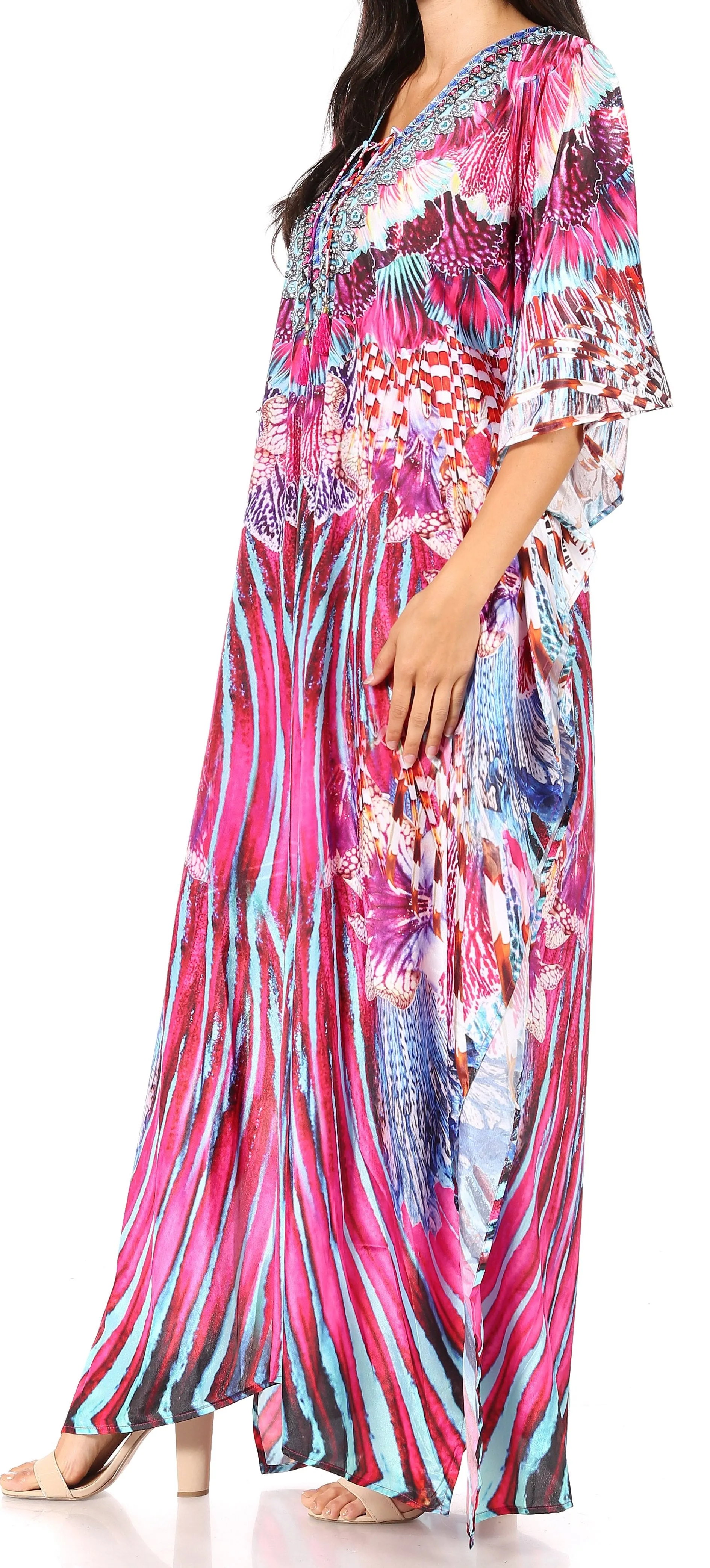 Sakkas Georgettina Flowy Rhinestone V Neck Long Caftan Dress/Cover Up