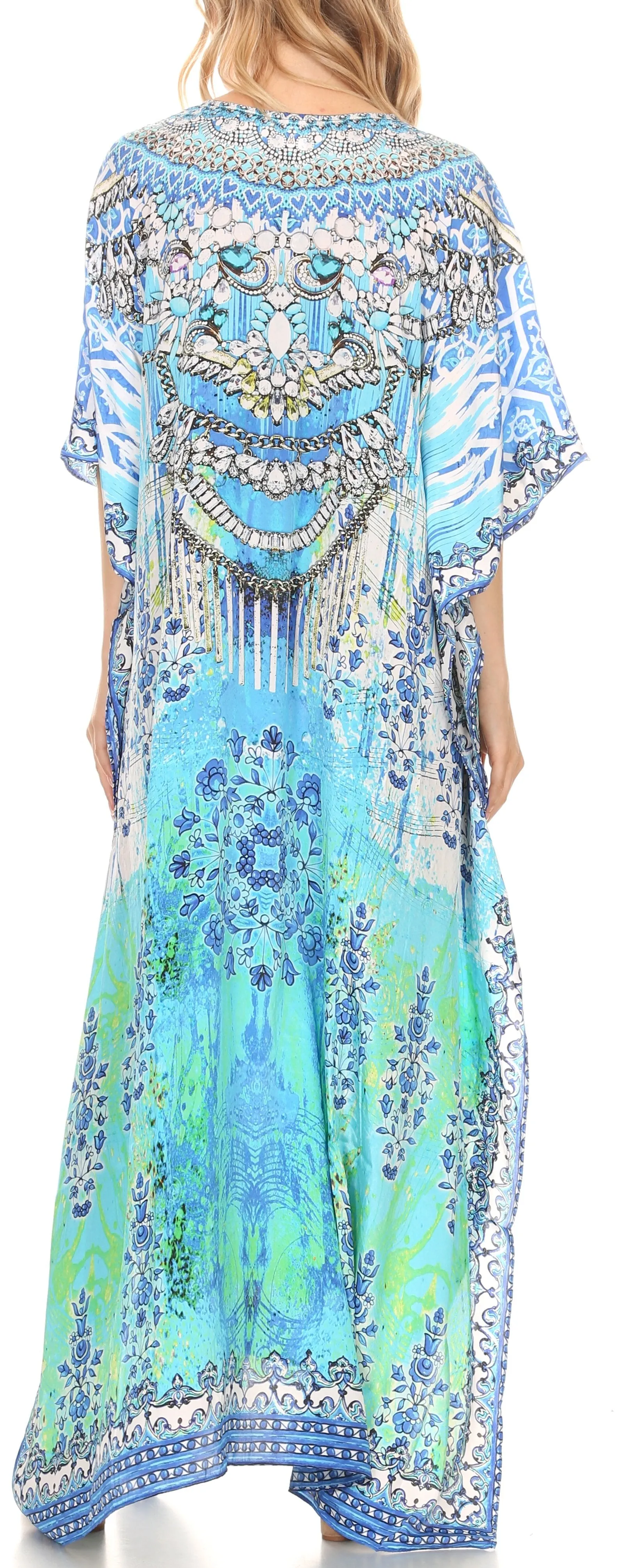 Sakkas Georgettina Flowy Rhinestone V Neck Long Caftan Dress/Cover Up