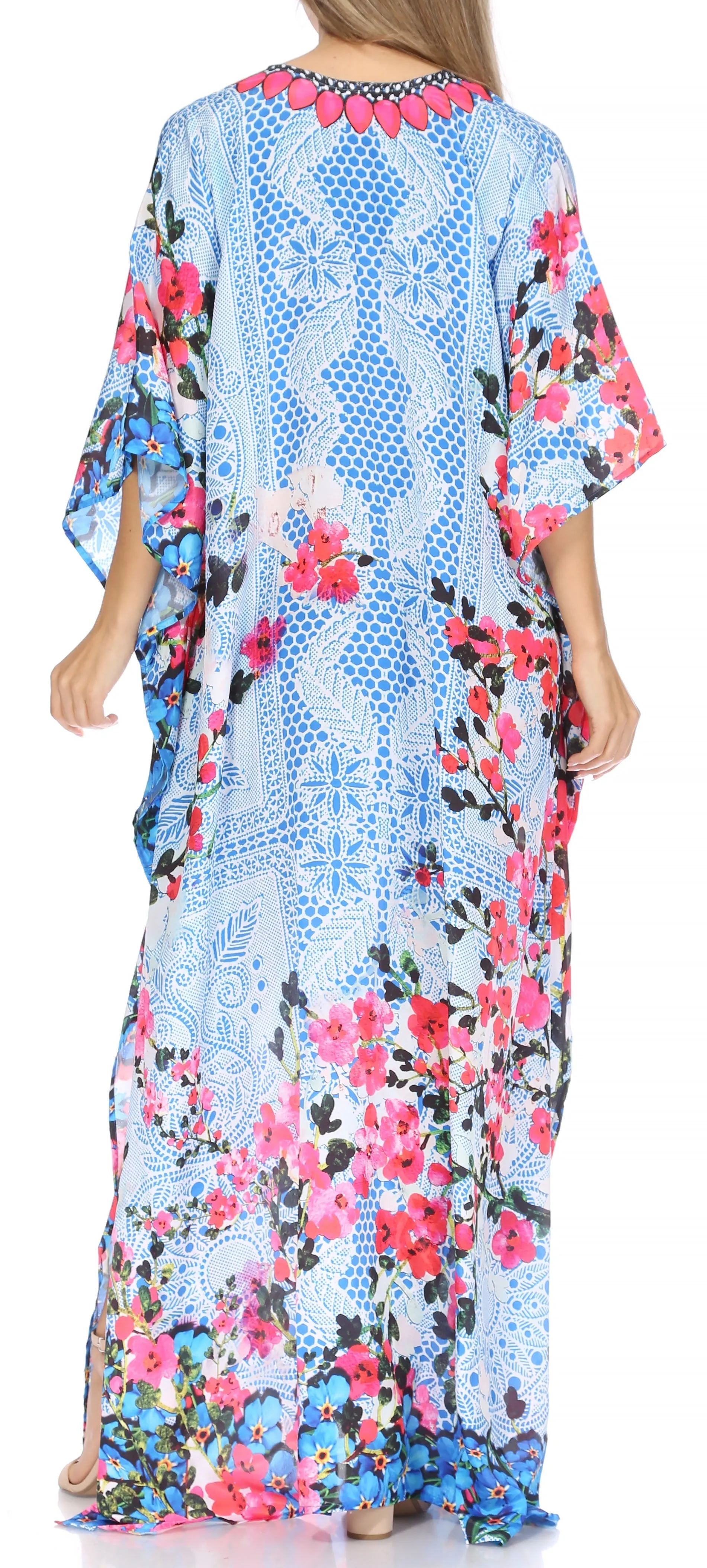 Sakkas Georgettina Flowy Rhinestone V Neck Long Caftan Dress/Cover Up