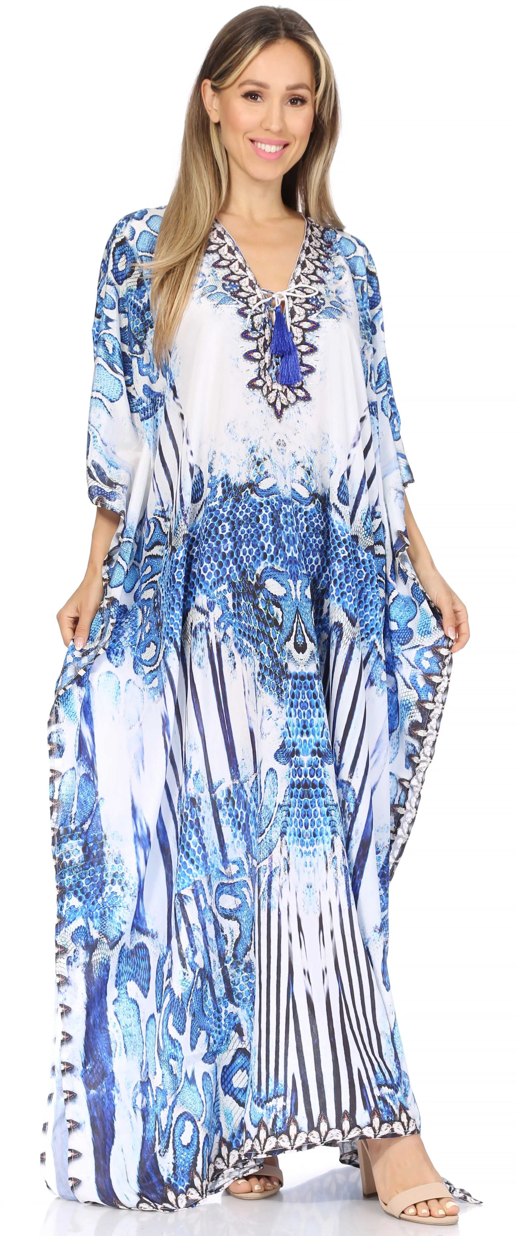 Sakkas Georgettina Flowy Rhinestone V Neck Long Caftan Dress/Cover Up