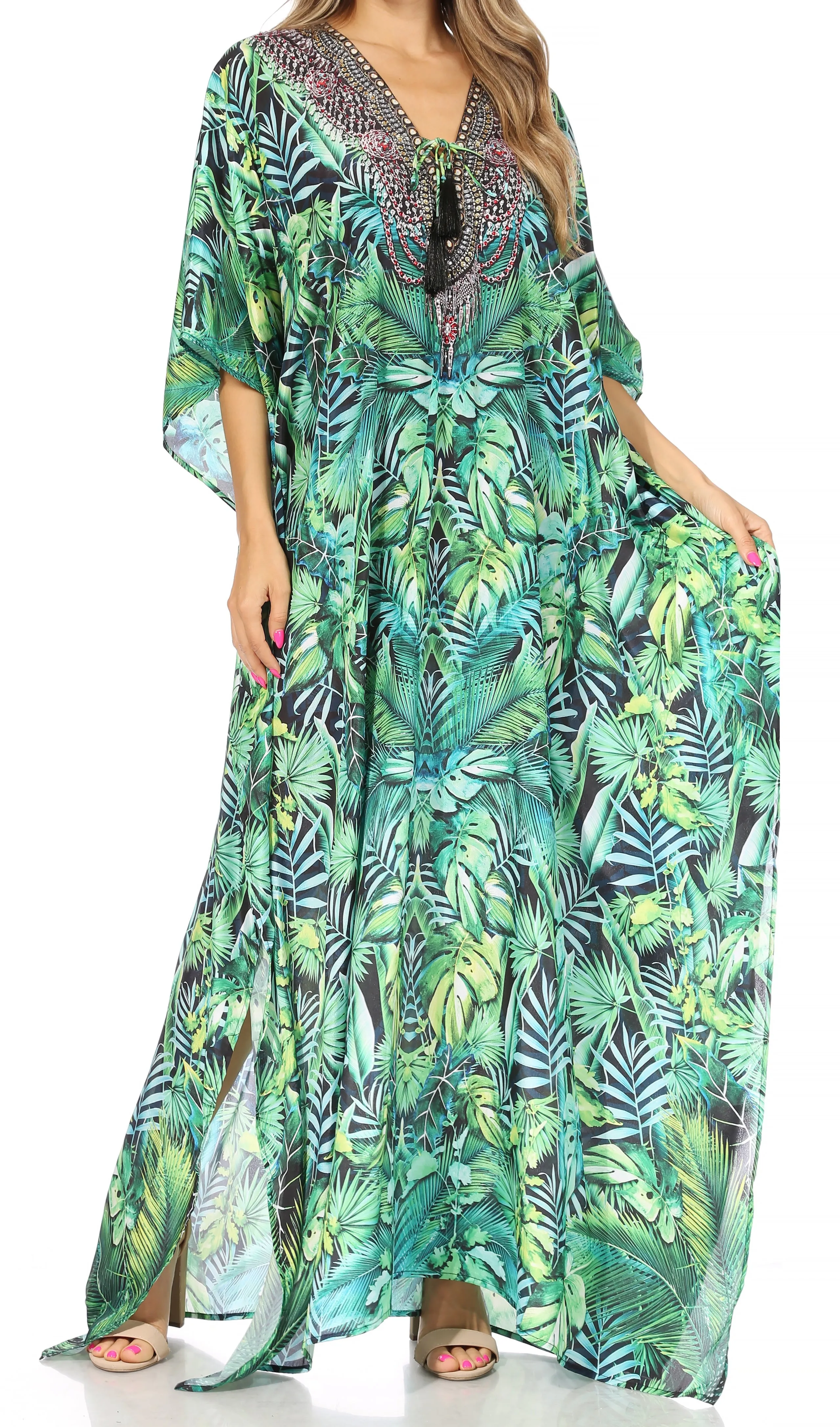 Sakkas Georgettina Flowy Rhinestone V Neck Long Caftan Dress/Cover Up