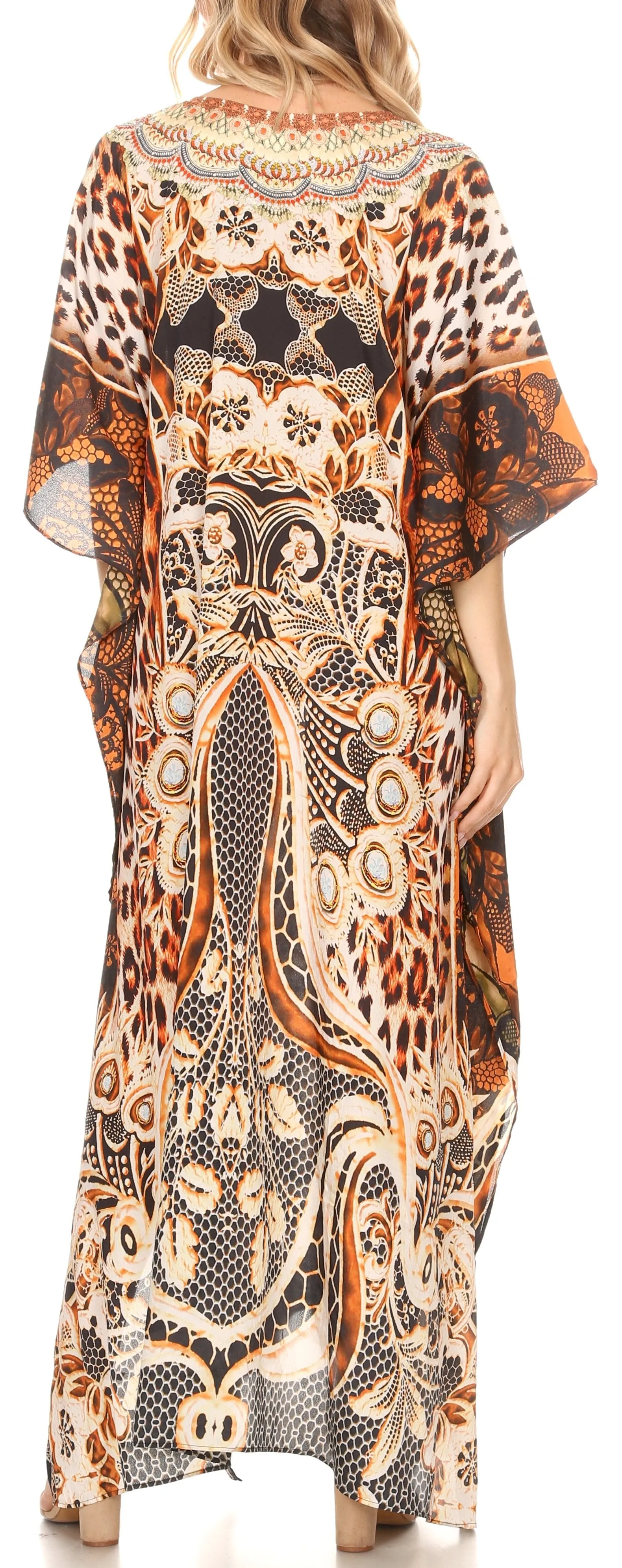 Sakkas Georgettina Flowy Rhinestone V Neck Long Caftan Dress/Cover Up