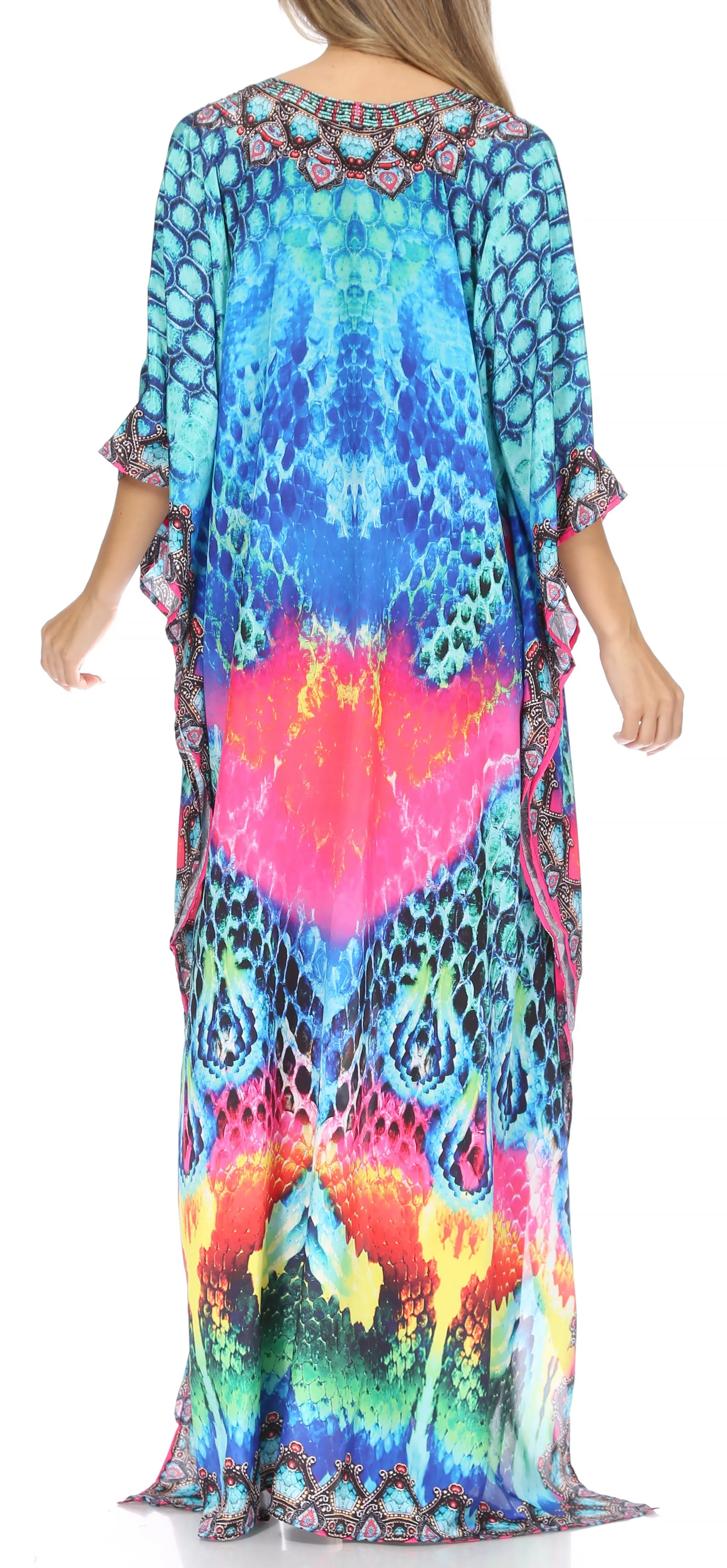 Sakkas Georgettina Flowy Rhinestone V Neck Long Caftan Dress/Cover Up