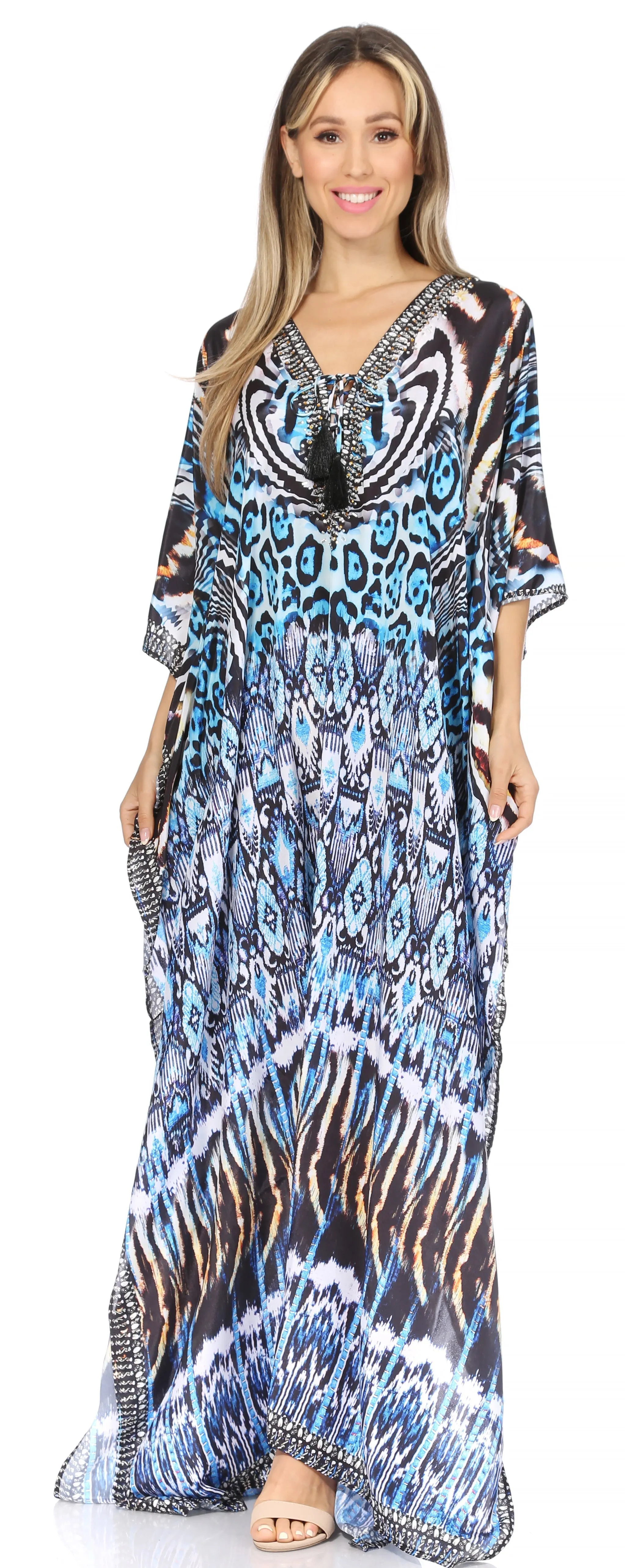 Sakkas Georgettina Flowy Rhinestone V Neck Long Caftan Dress/Cover Up