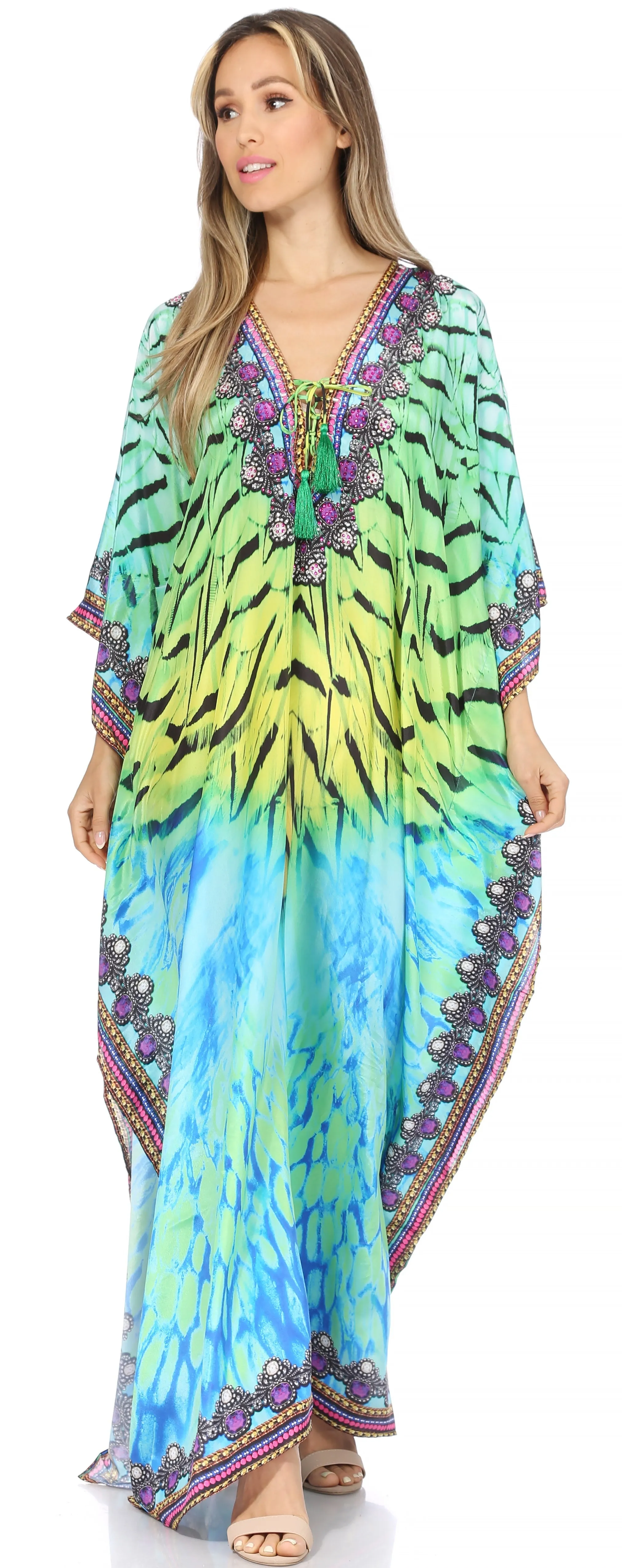 Sakkas Georgettina Flowy Rhinestone V Neck Long Caftan Dress/Cover Up