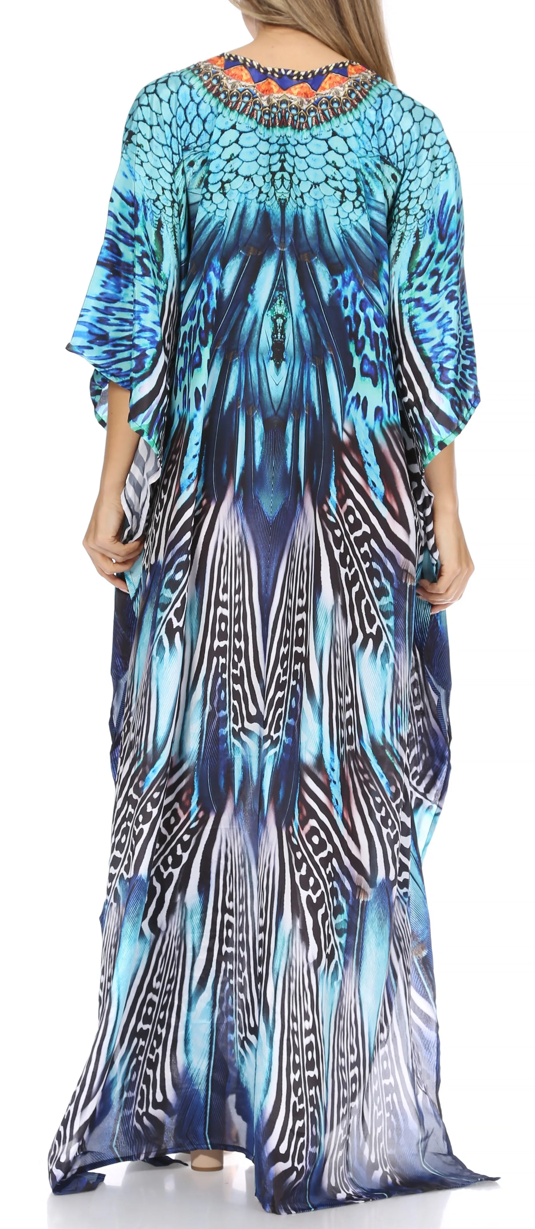 Sakkas Georgettina Flowy Rhinestone V Neck Long Caftan Dress/Cover Up