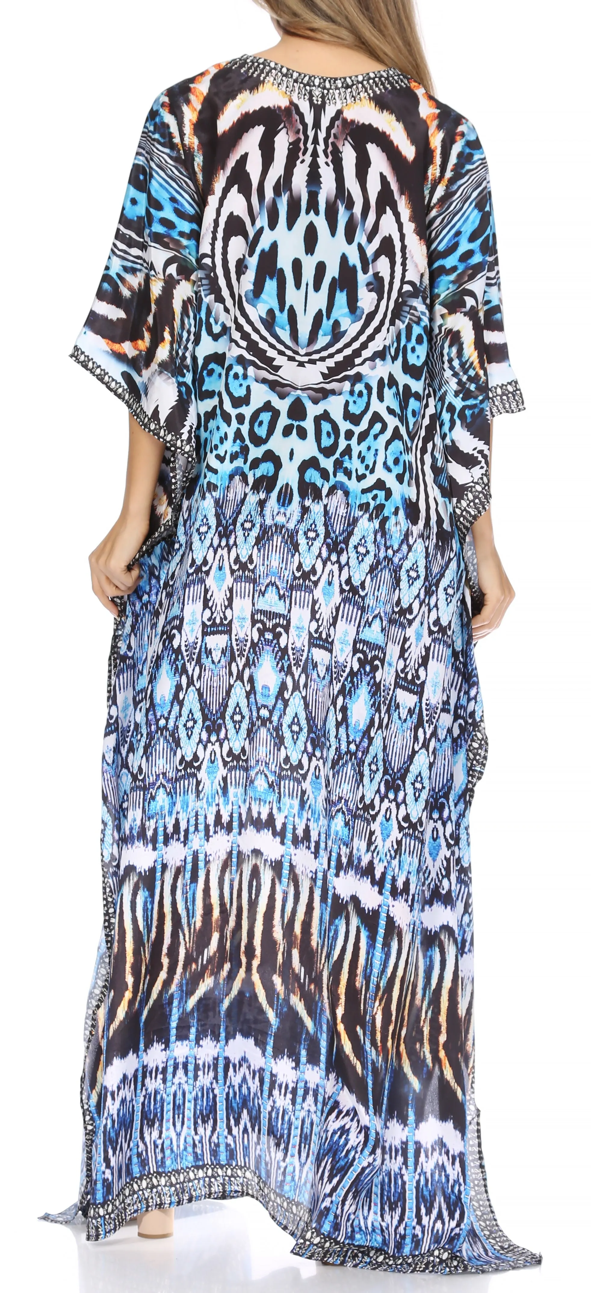 Sakkas Georgettina Flowy Rhinestone V Neck Long Caftan Dress/Cover Up