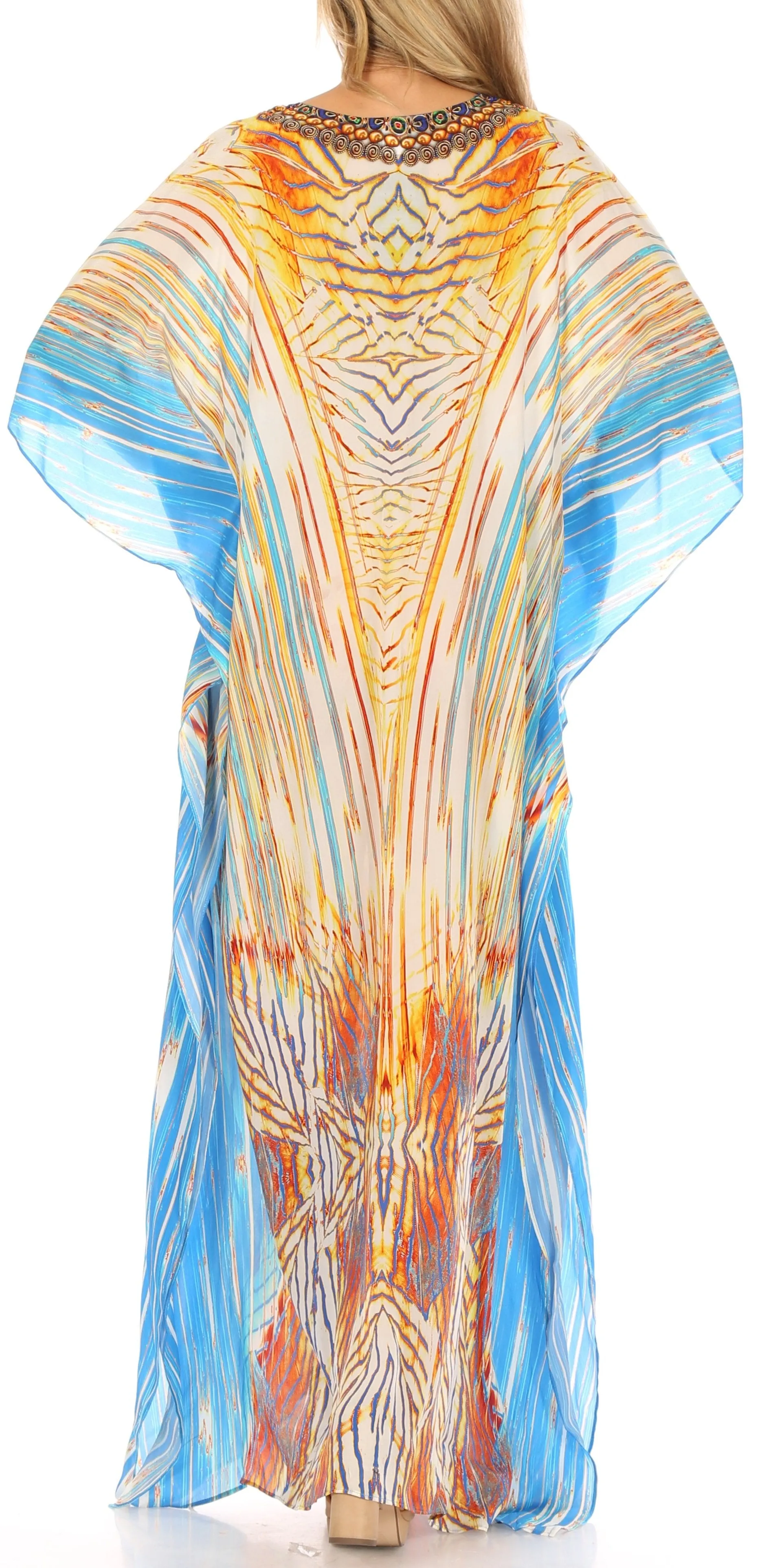 Sakkas Georgettina Flowy Rhinestone V Neck Long Caftan Dress/Cover Up