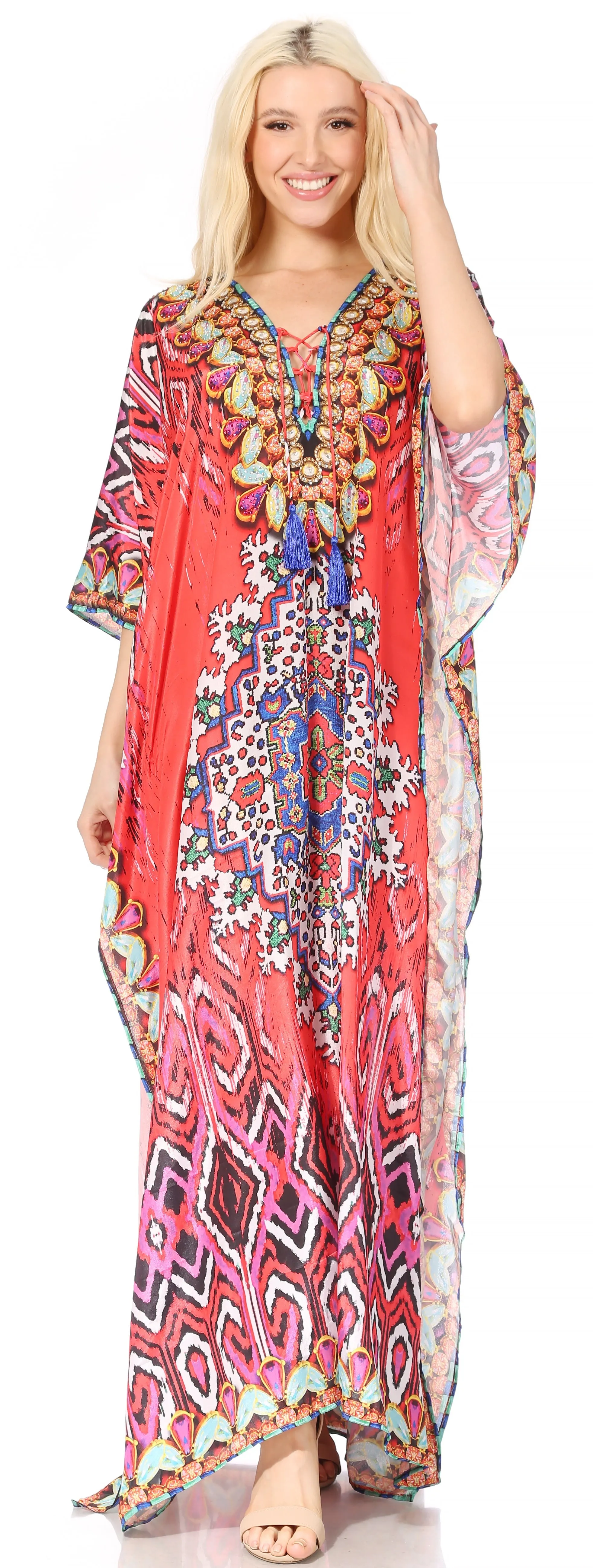 Sakkas Georgettina Flowy Rhinestone V Neck Long Caftan Dress/Cover Up