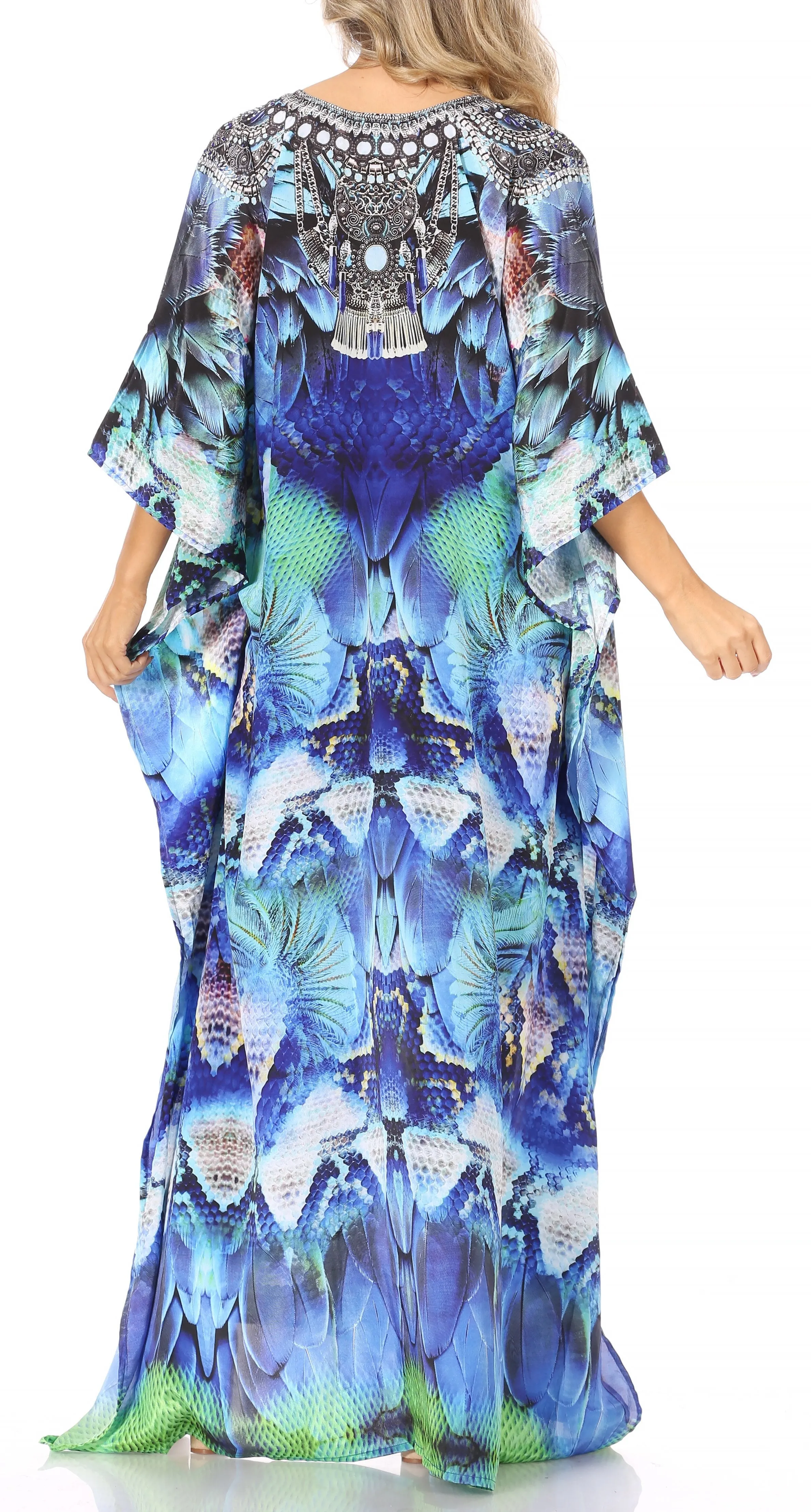 Sakkas Georgettina Flowy Rhinestone V Neck Long Caftan Dress/Cover Up