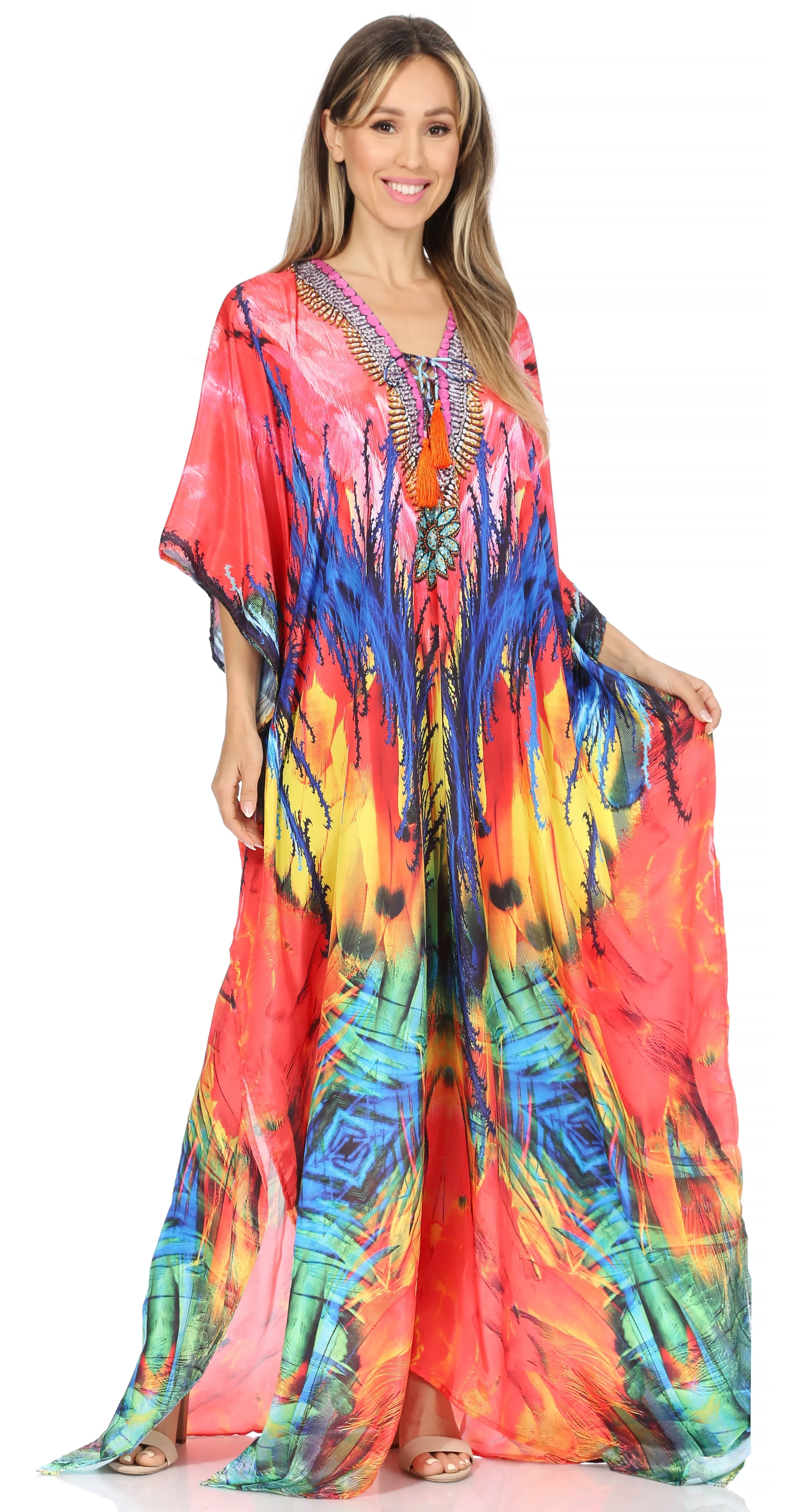 Sakkas Georgettina Flowy Rhinestone V Neck Long Caftan Dress/Cover Up