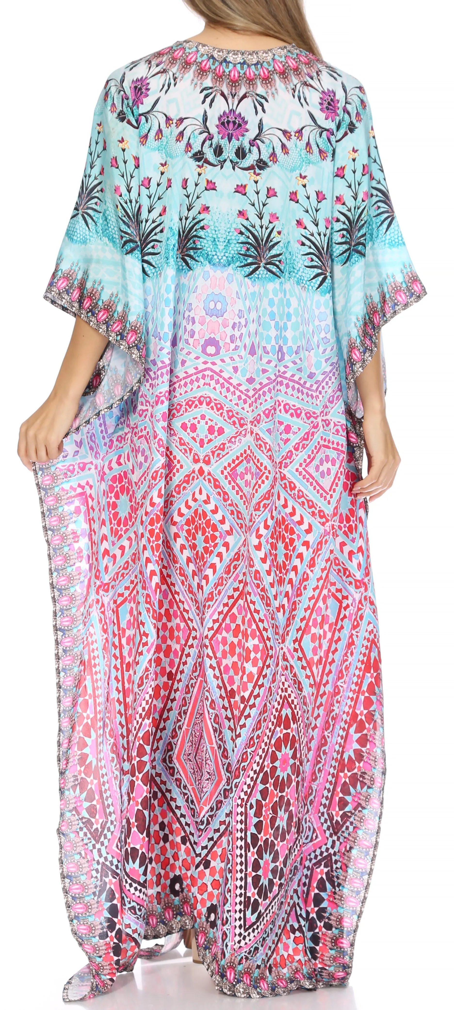 Sakkas Georgettina Flowy Rhinestone V Neck Long Caftan Dress/Cover Up