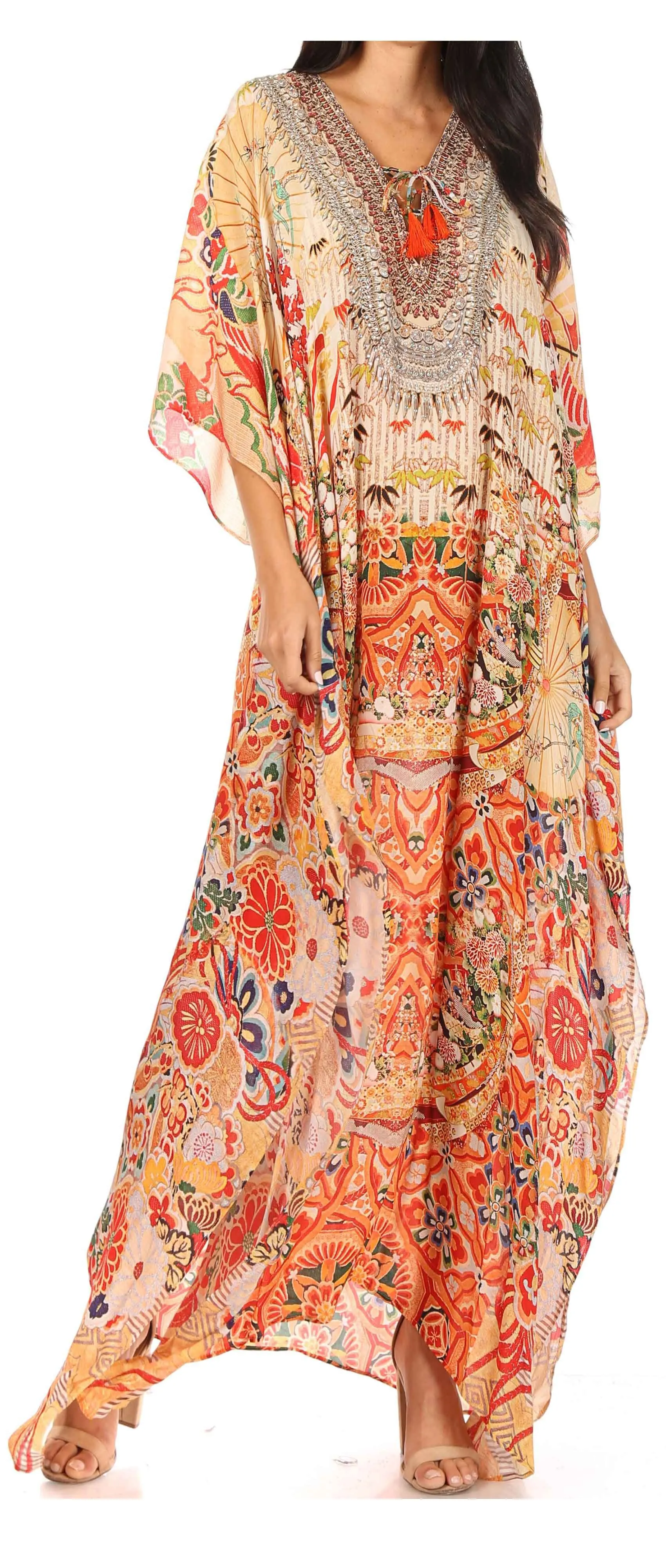 Sakkas Georgettina Flowy Rhinestone V Neck Long Caftan Dress/Cover Up