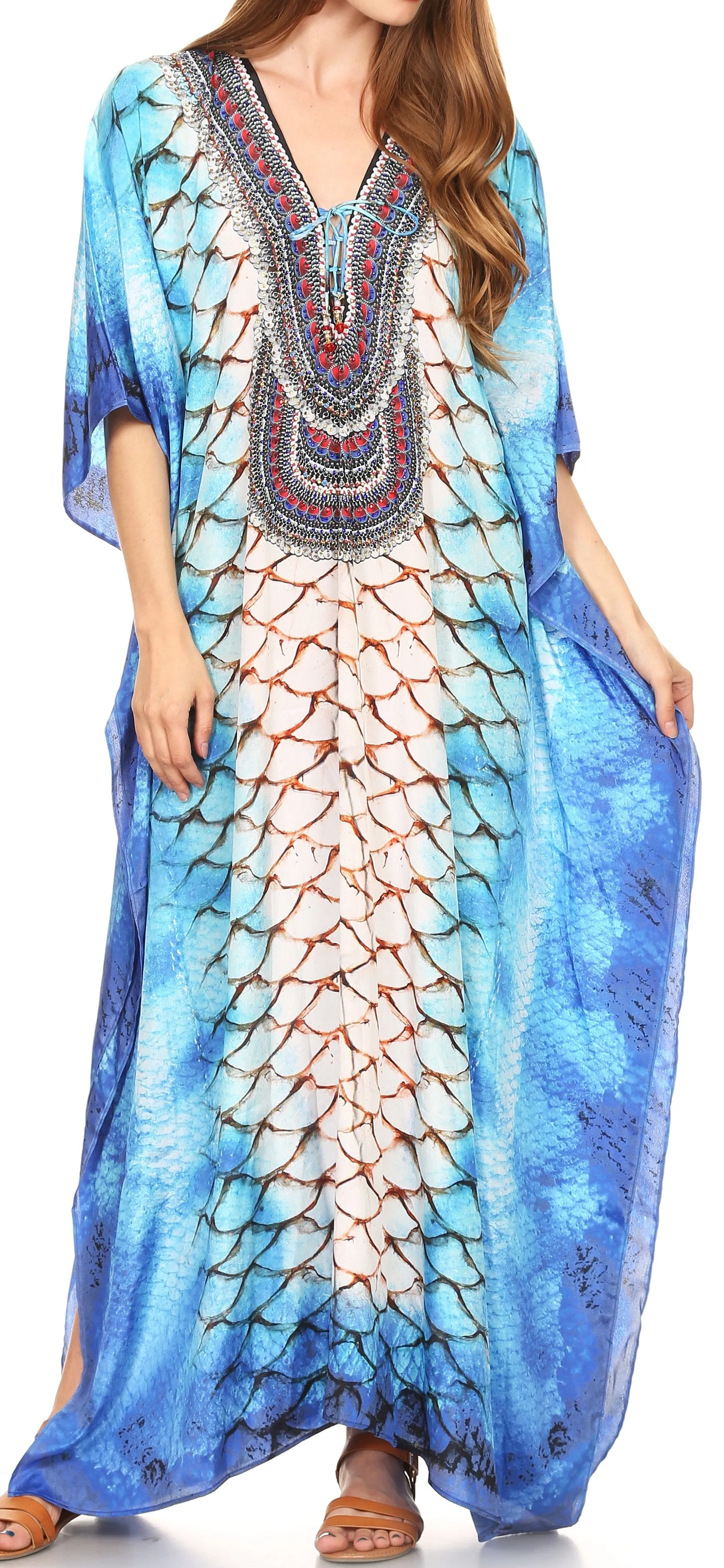 Sakkas Georgettina Flowy Rhinestone V Neck Long Caftan Dress/Cover Up