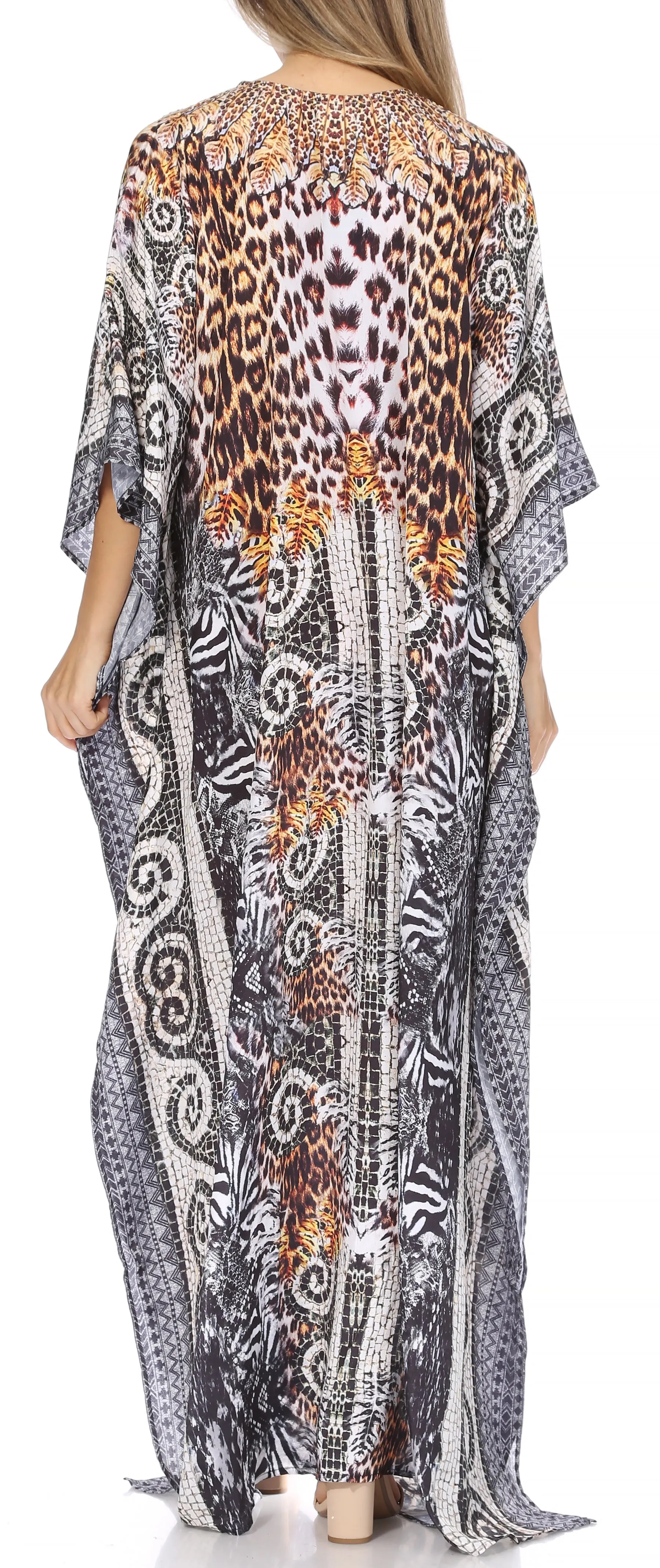 Sakkas Georgettina Flowy Rhinestone V Neck Long Caftan Dress/Cover Up