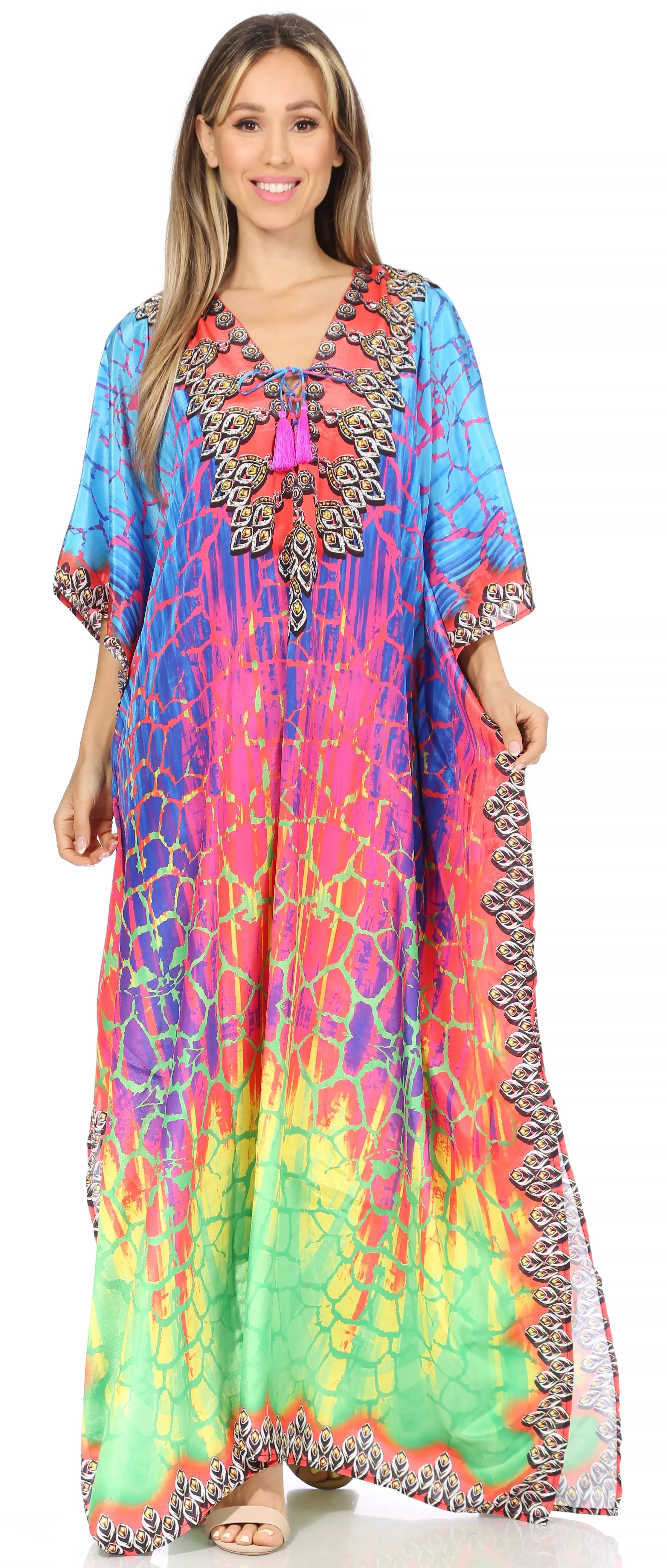 Sakkas Georgettina Flowy Rhinestone V Neck Long Caftan Dress/Cover Up